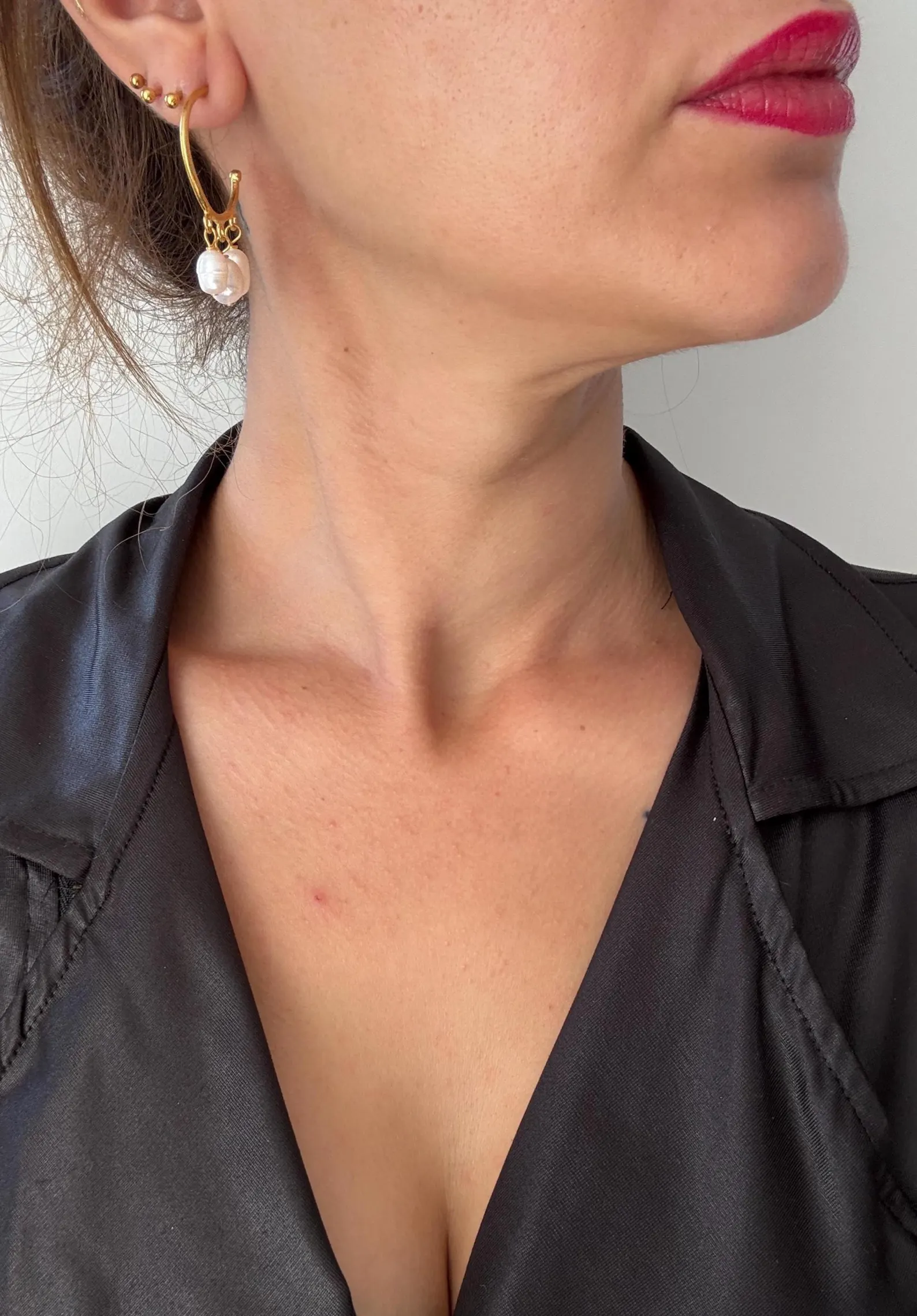 Natural Three Pearl Hoop Earrings