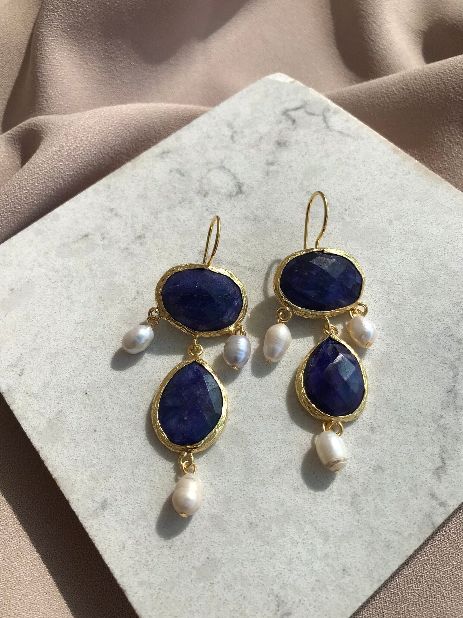 YENİ ! İnci Uçlu Safir Küpeler, Doğal Taş İnci Tasarım Küpeler