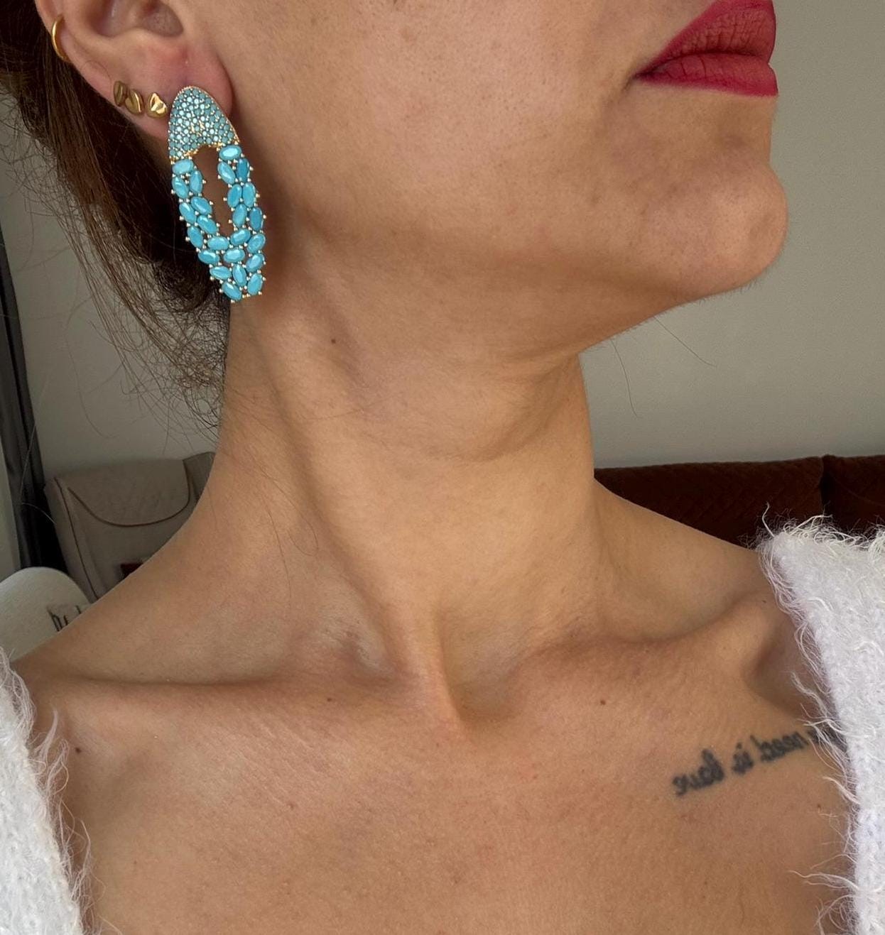 YENİ ! Turkuaz Zirkon Taşlı Oval Küpe, Özel Tasarım El Yapımı Bronz Küpe