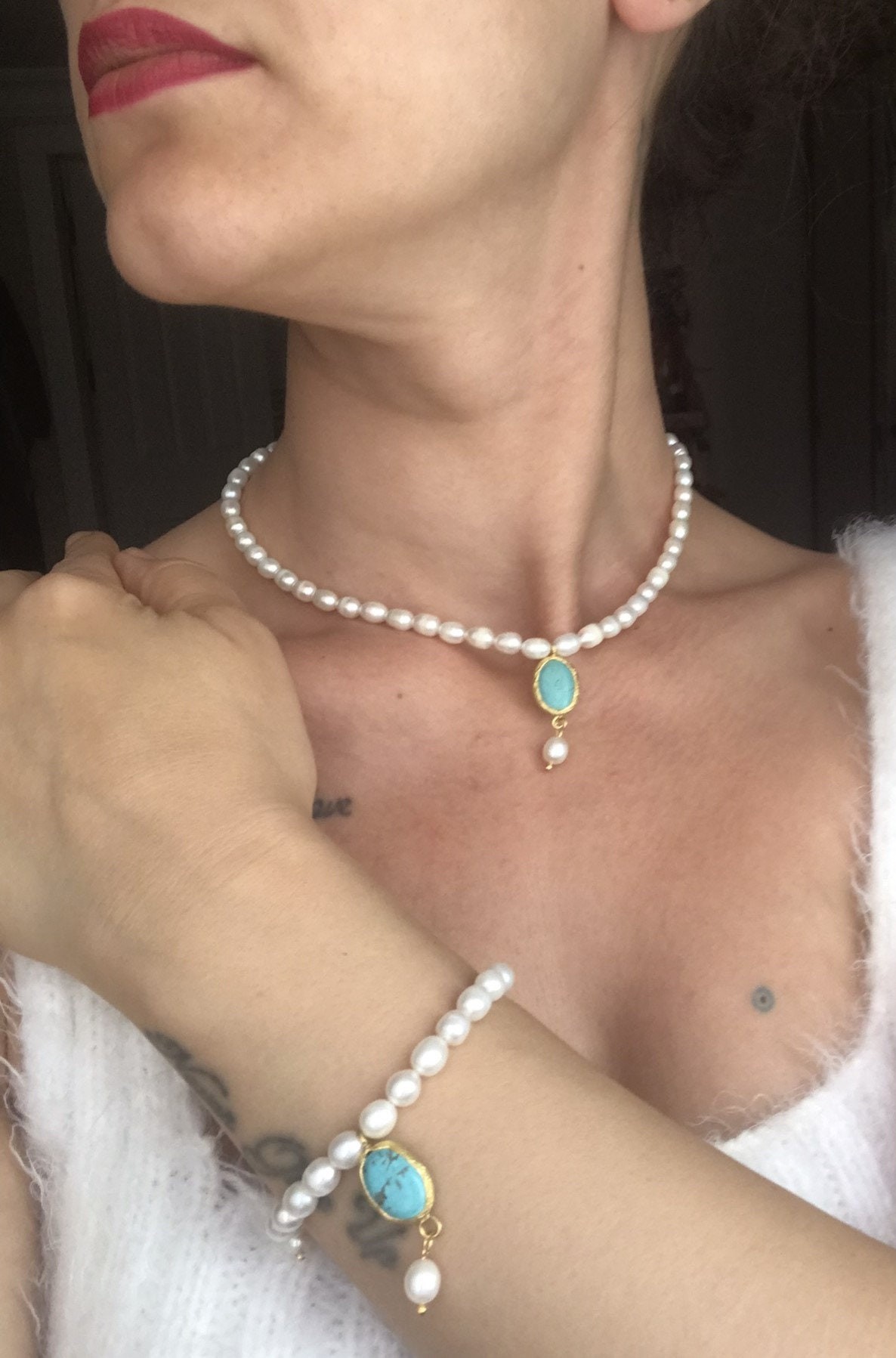 NEW! Special Design Blue Turquoise Baroque Pearl Combination Necklace