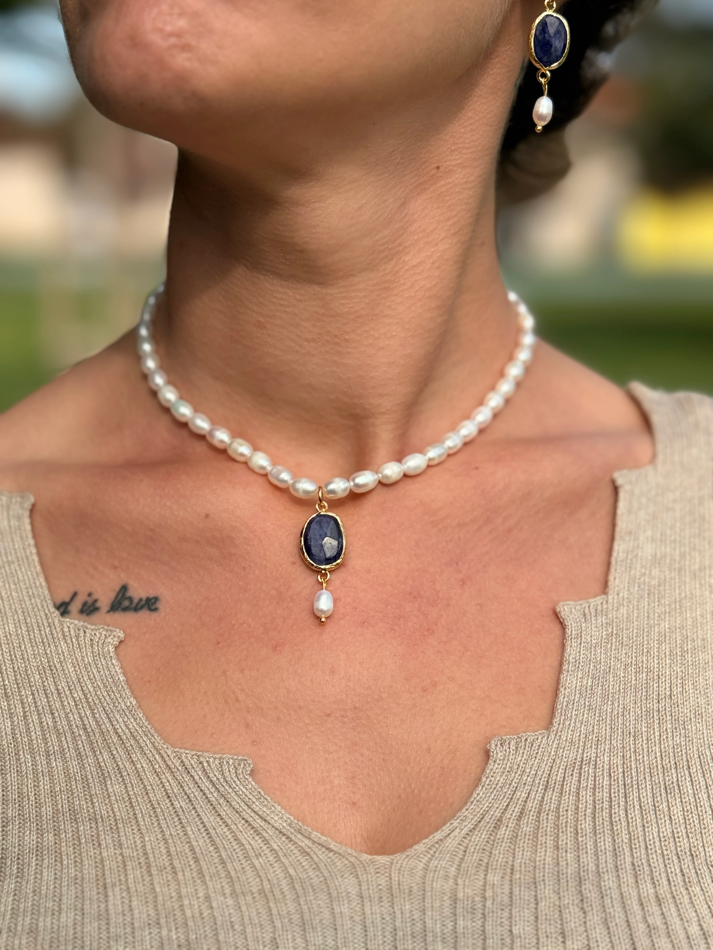 İnci Dizi Oval Safir Set