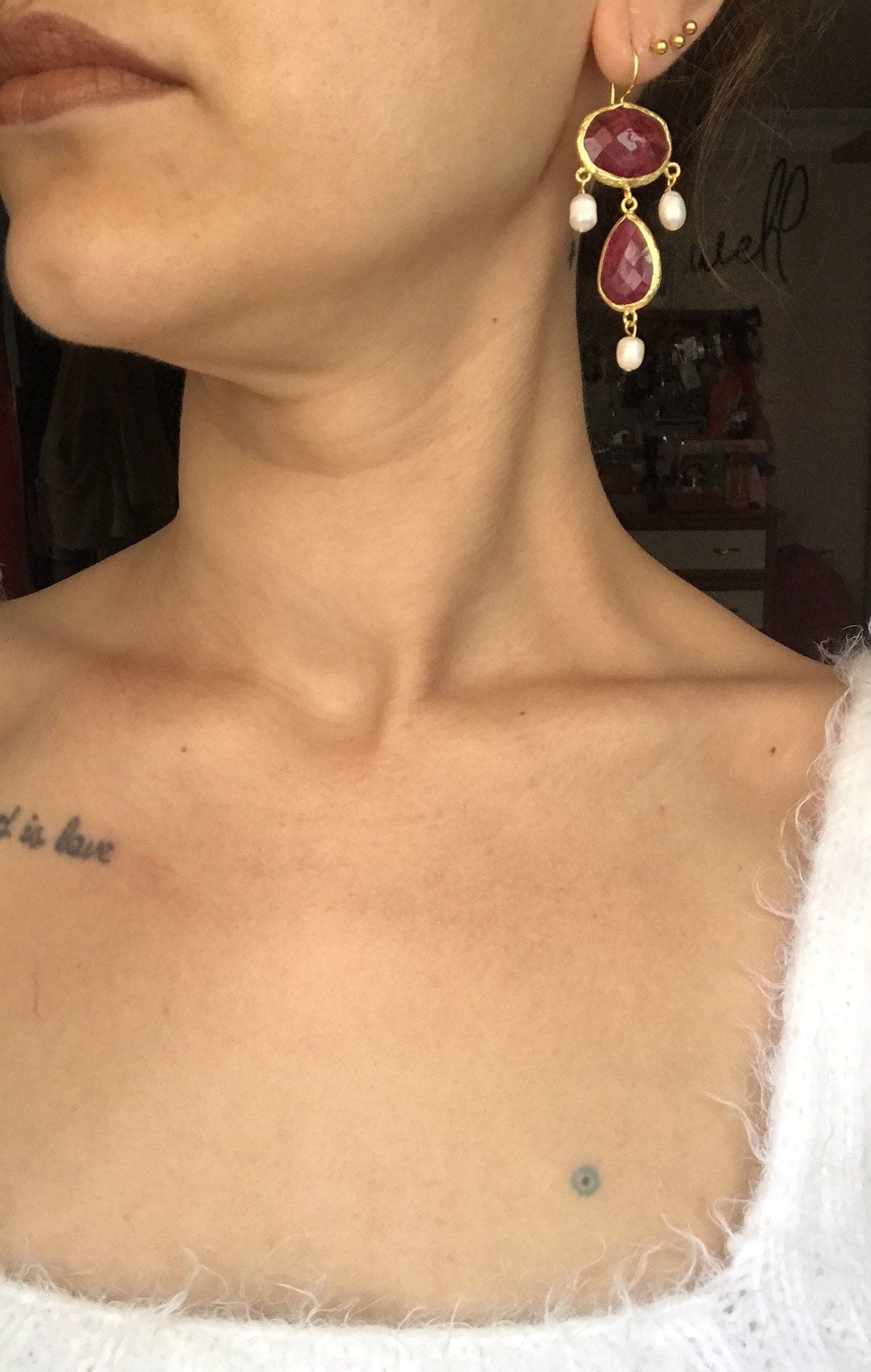 Yakut & İnci Kombin Küpe