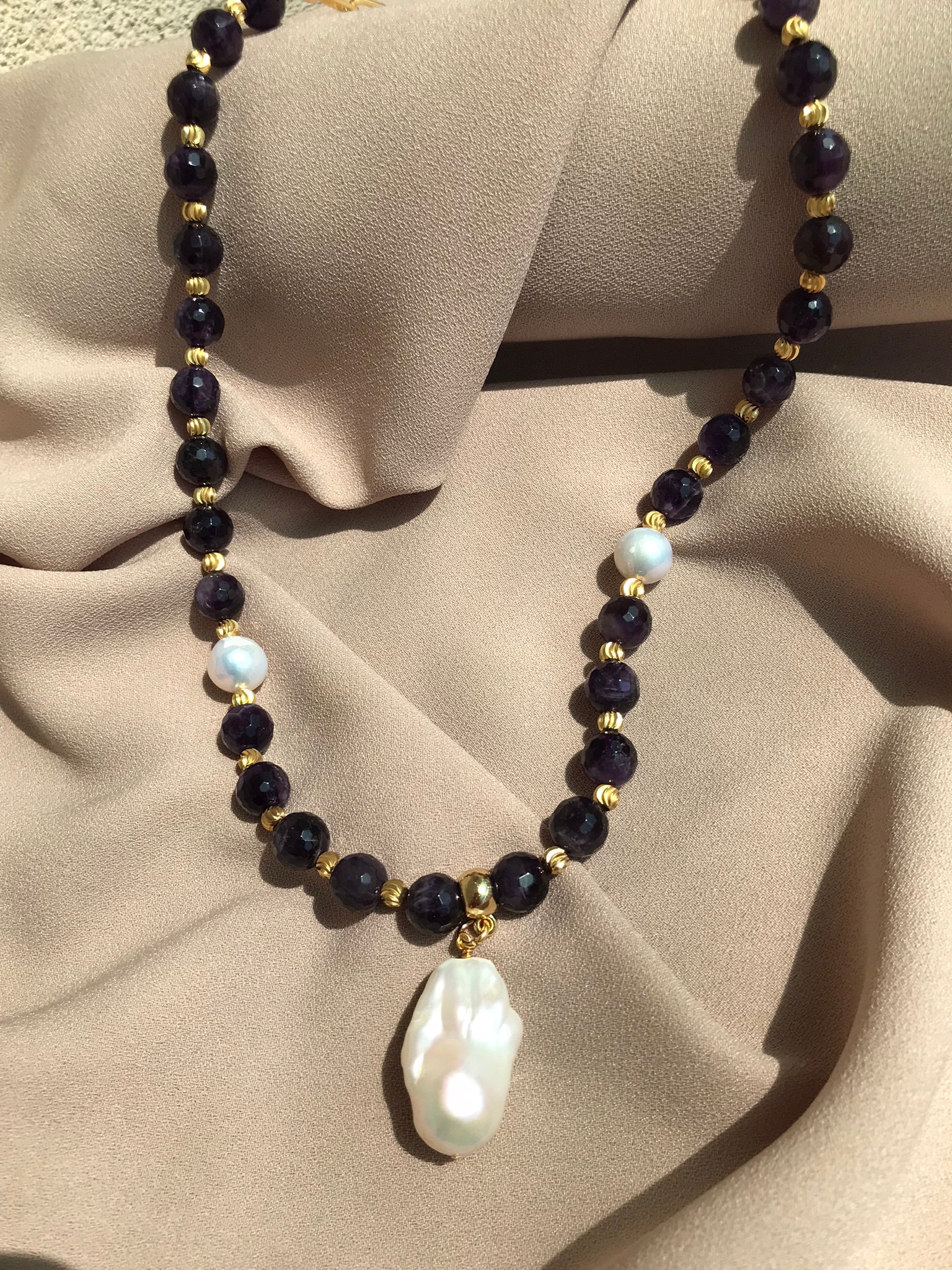 Ametist & İnci Kombin Kolye