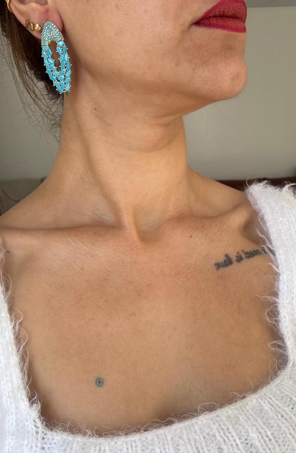 YENİ ! Turkuaz Zirkon Taşlı Oval Küpe, Özel Tasarım El Yapımı Bronz Küpe