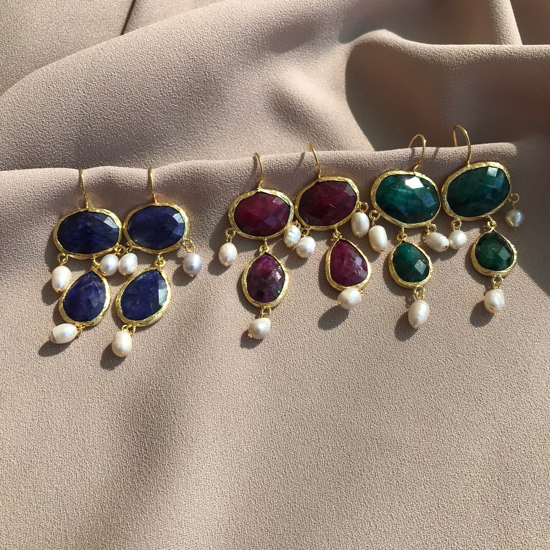 YENİ ! İnci Uçlu Safir Küpeler, Doğal Taş İnci Tasarım Küpeler