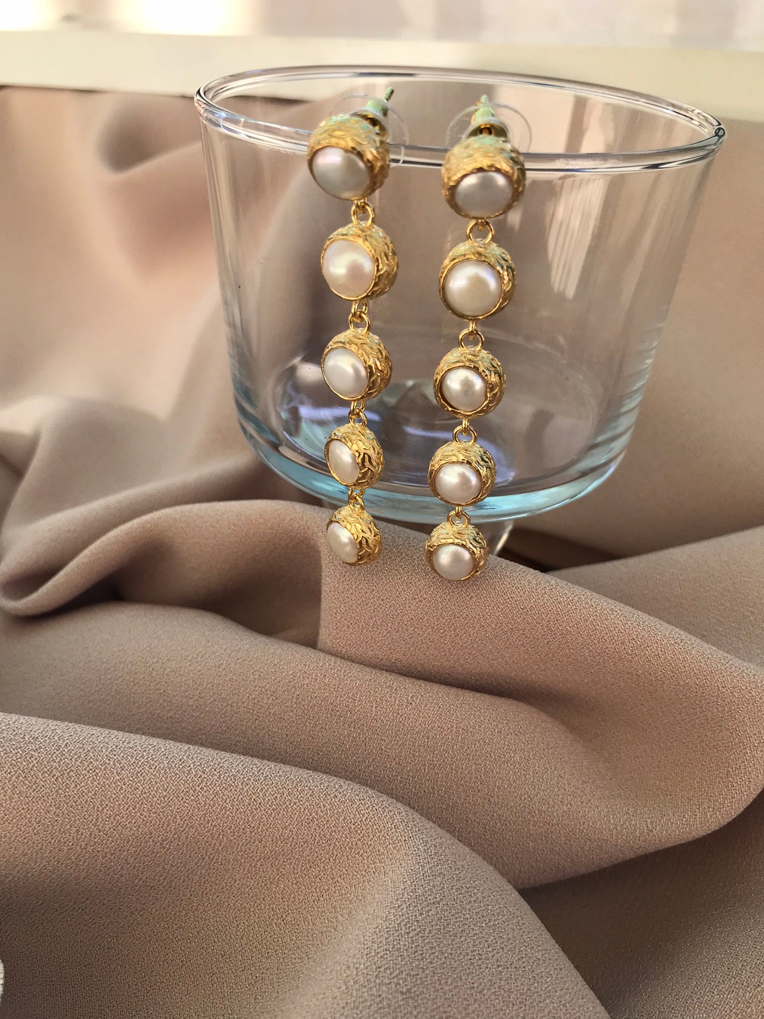 Beşli İnci Dizi Küpe