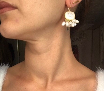NEW ! Unique Square Pearl Dangle Earrings, Natural Pearl Design Earrings