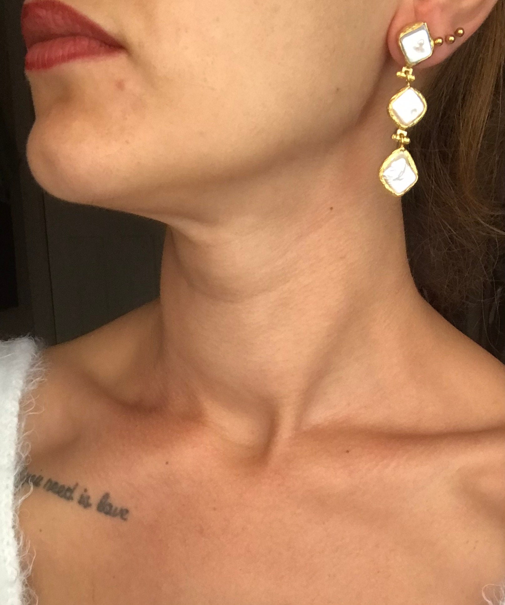 Üçlü Kare İnci Küpe