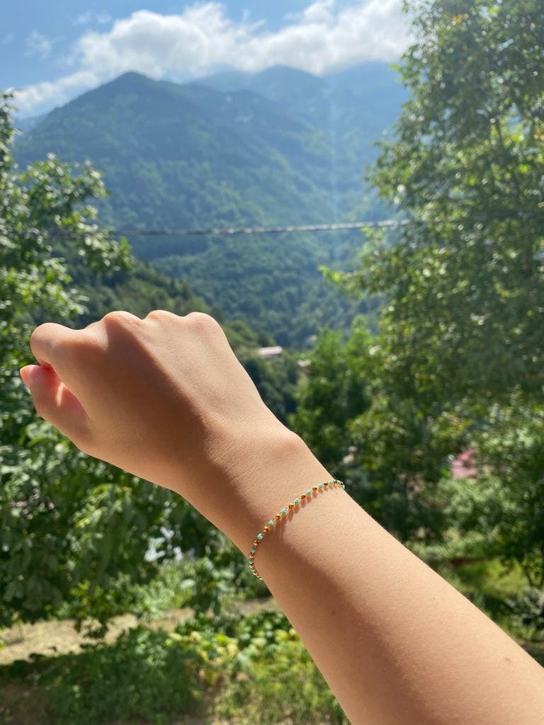 YENİ Çıtır Altın Top Zincir Bileklik, Mini Mavi Turkuaz Boncuklu Bileklik