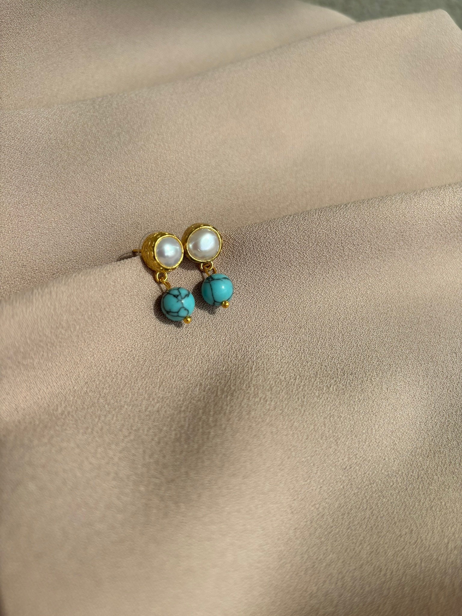 YENİ ! Özel Tasarım Turkuaz Küpe, Turkuaz İnci Küpe