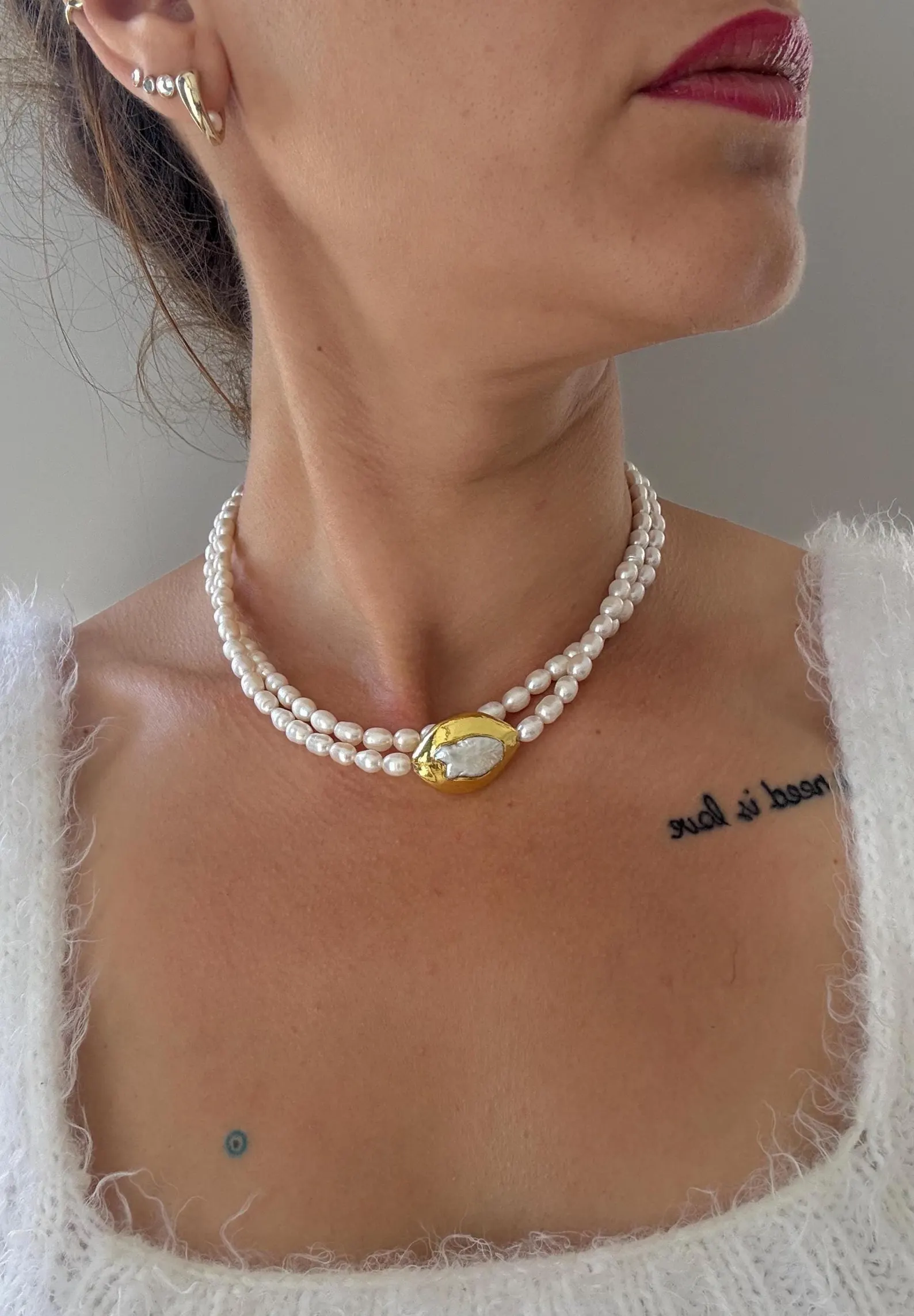 Altın Kaplama Barok İnci Çift Sıra Kolye