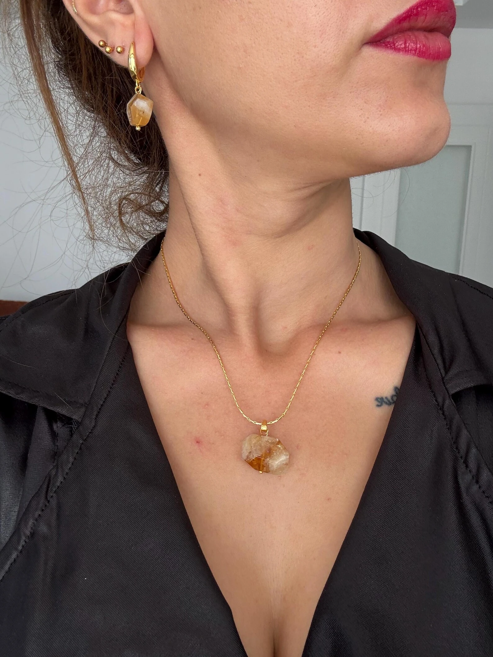 Elmas Kesim Doğal Sitrin Taş Küpeler