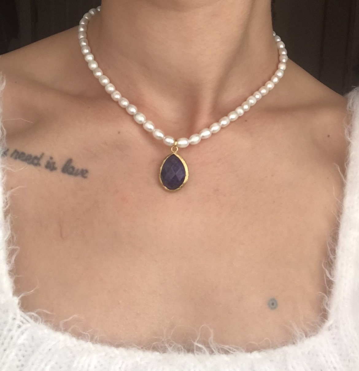 İnci Dizi Damla Kesim Safir Kolye