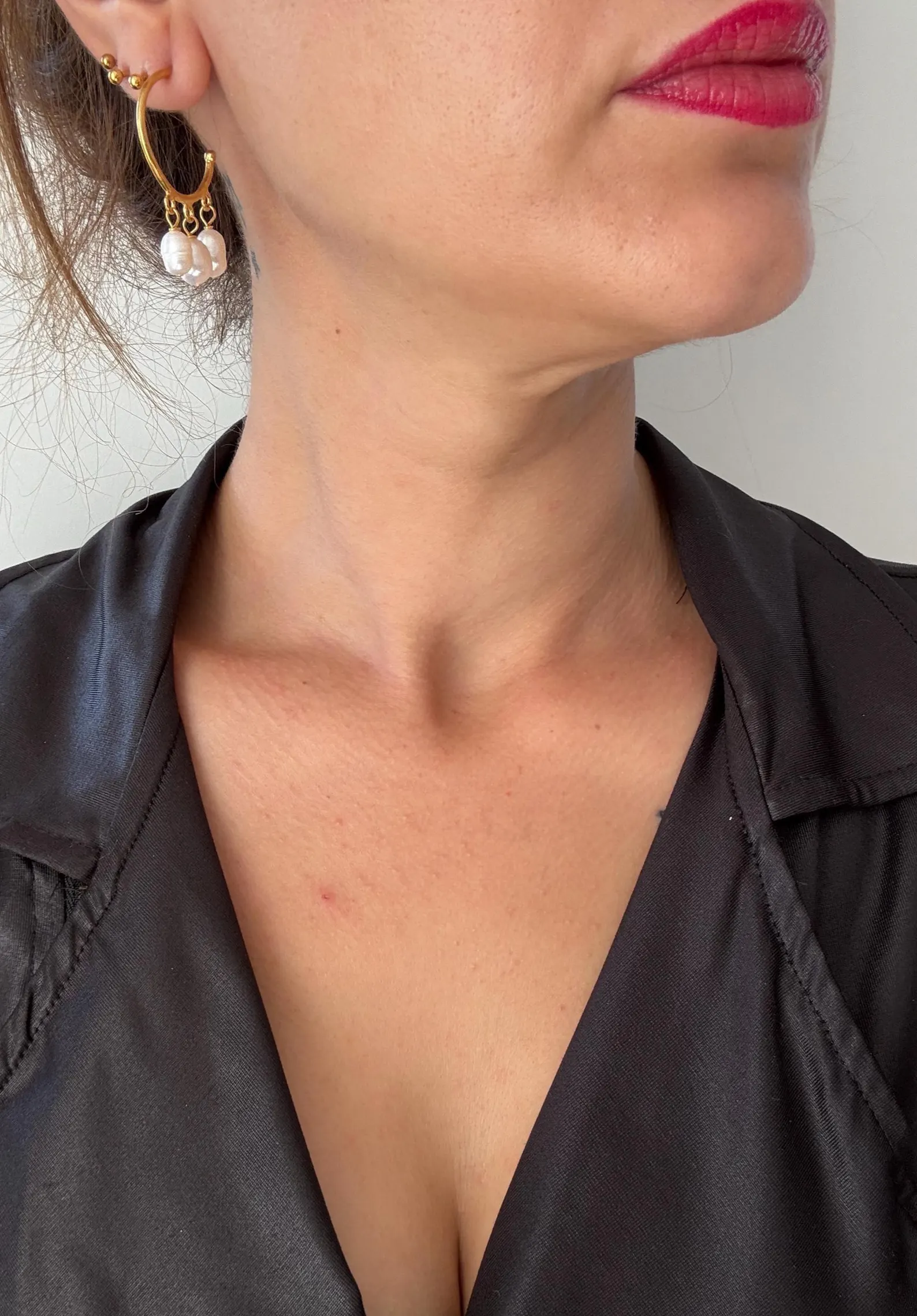 Natural Three Pearl Hoop Earrings