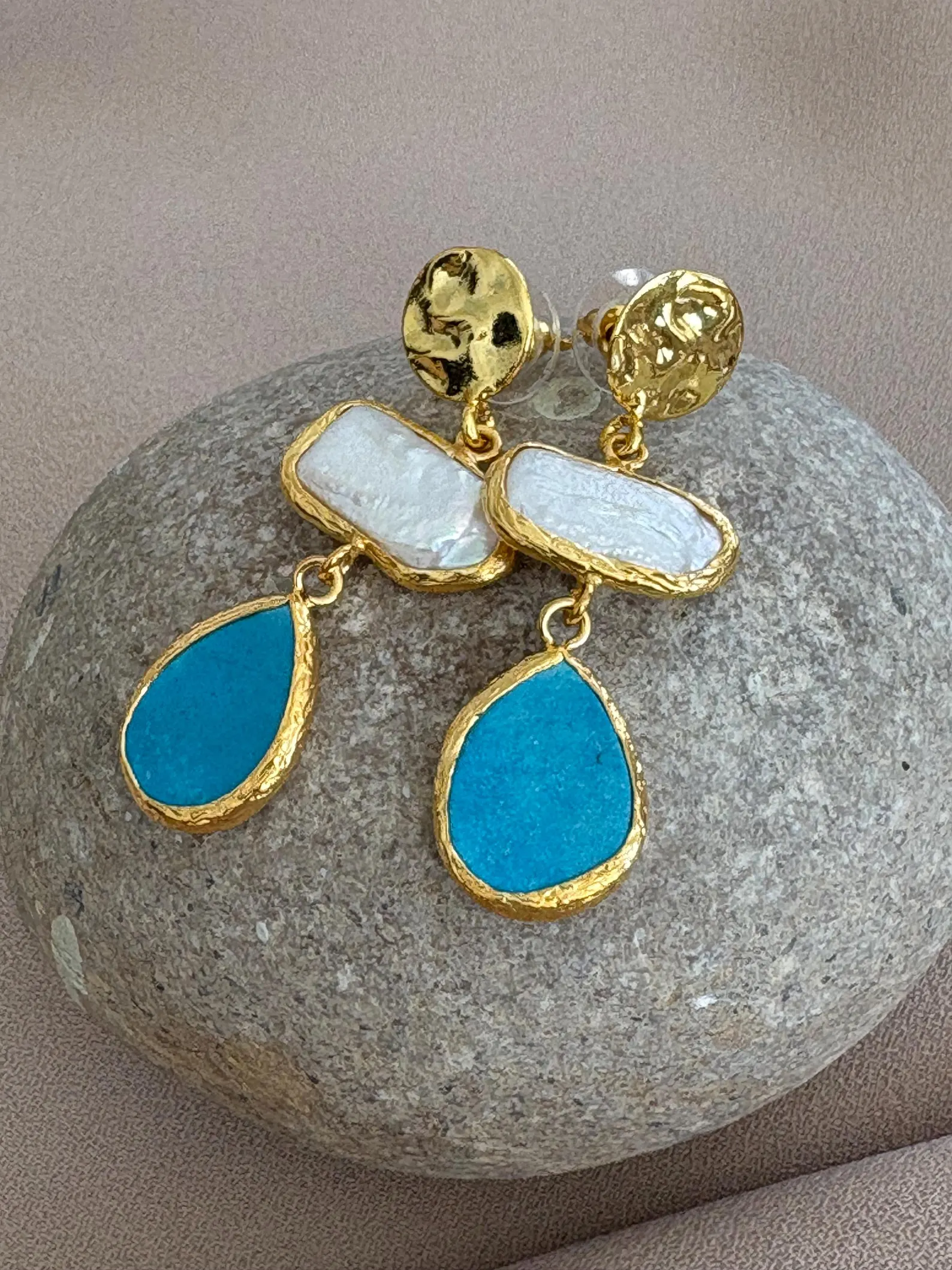 Kare İnci & Damla Turkuaz Kombin Küpe