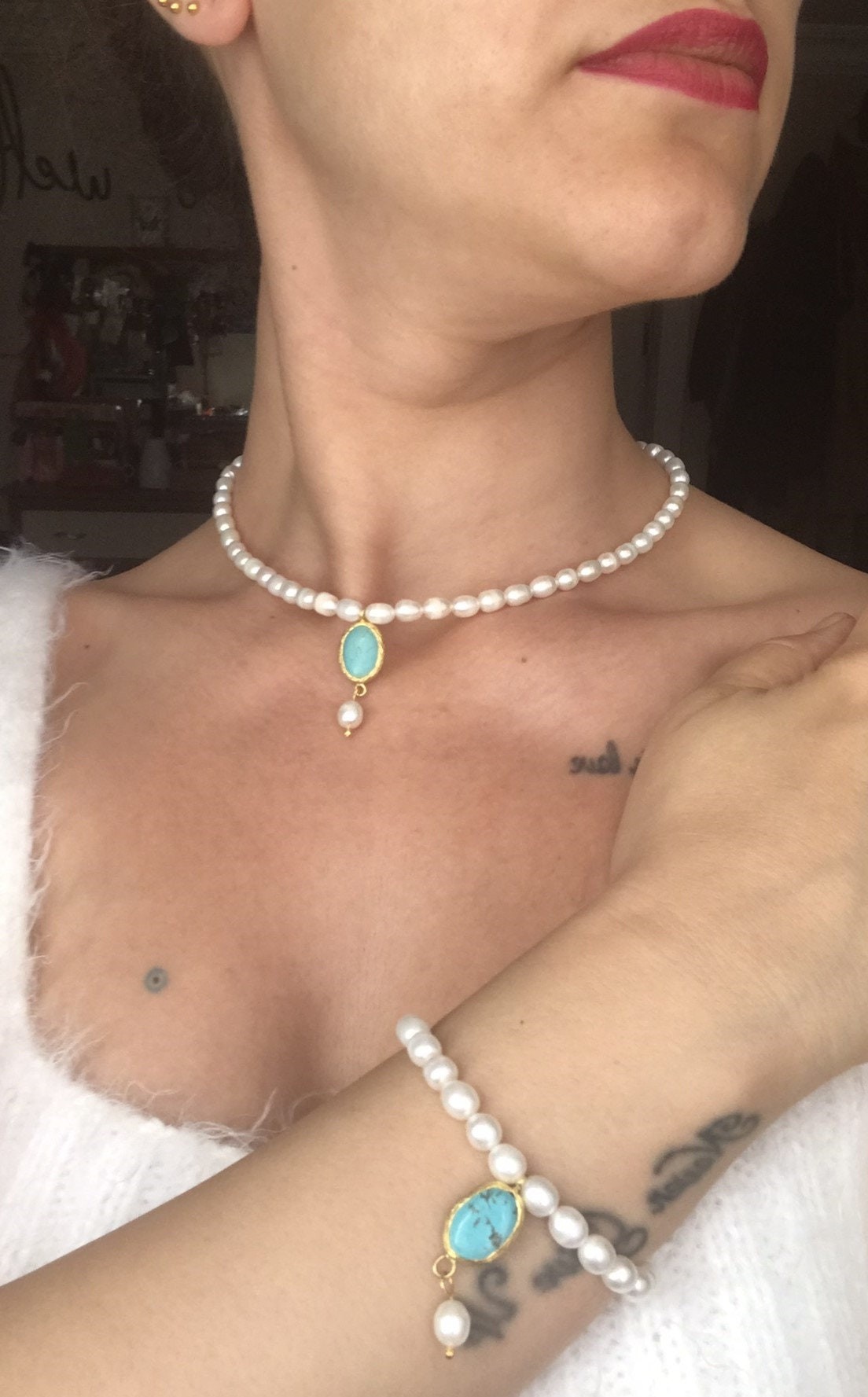 NEW! Special Design Blue Turquoise Baroque Pearl Combination Necklace