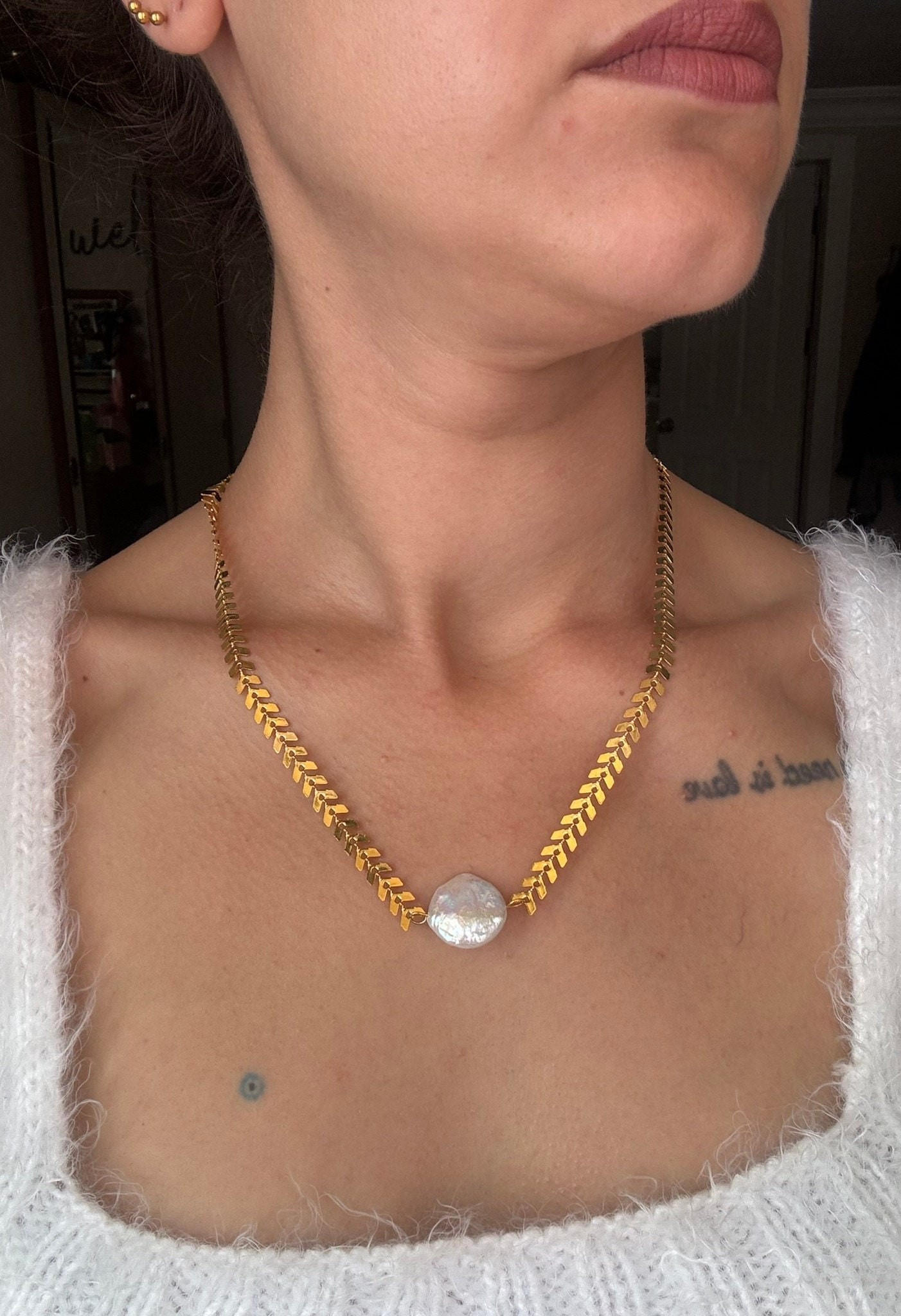 NEW ! Leaf Chain Money Pearl Design Necklace