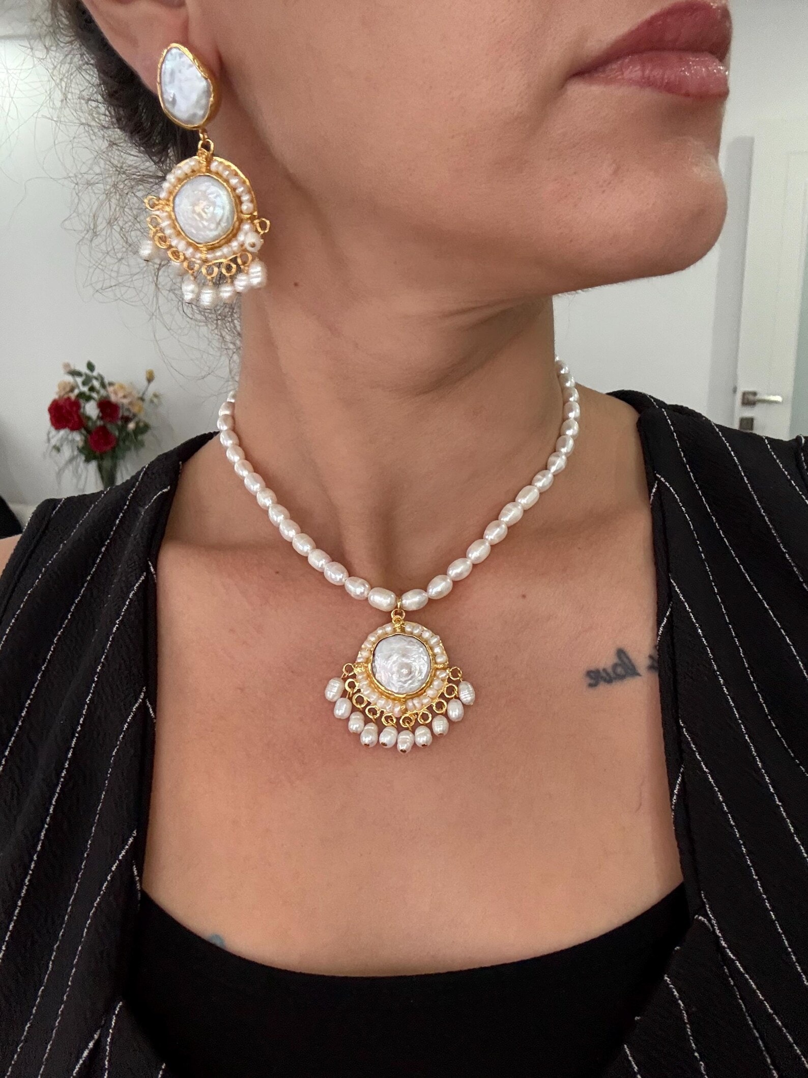 Damla Madalyon Tasarım İnci Küpeler