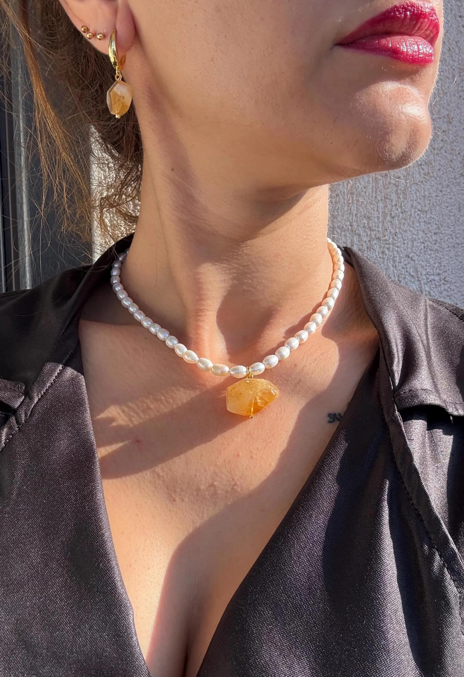 Zamansız Doğal Sitrin Taşı İnci Kolyeler