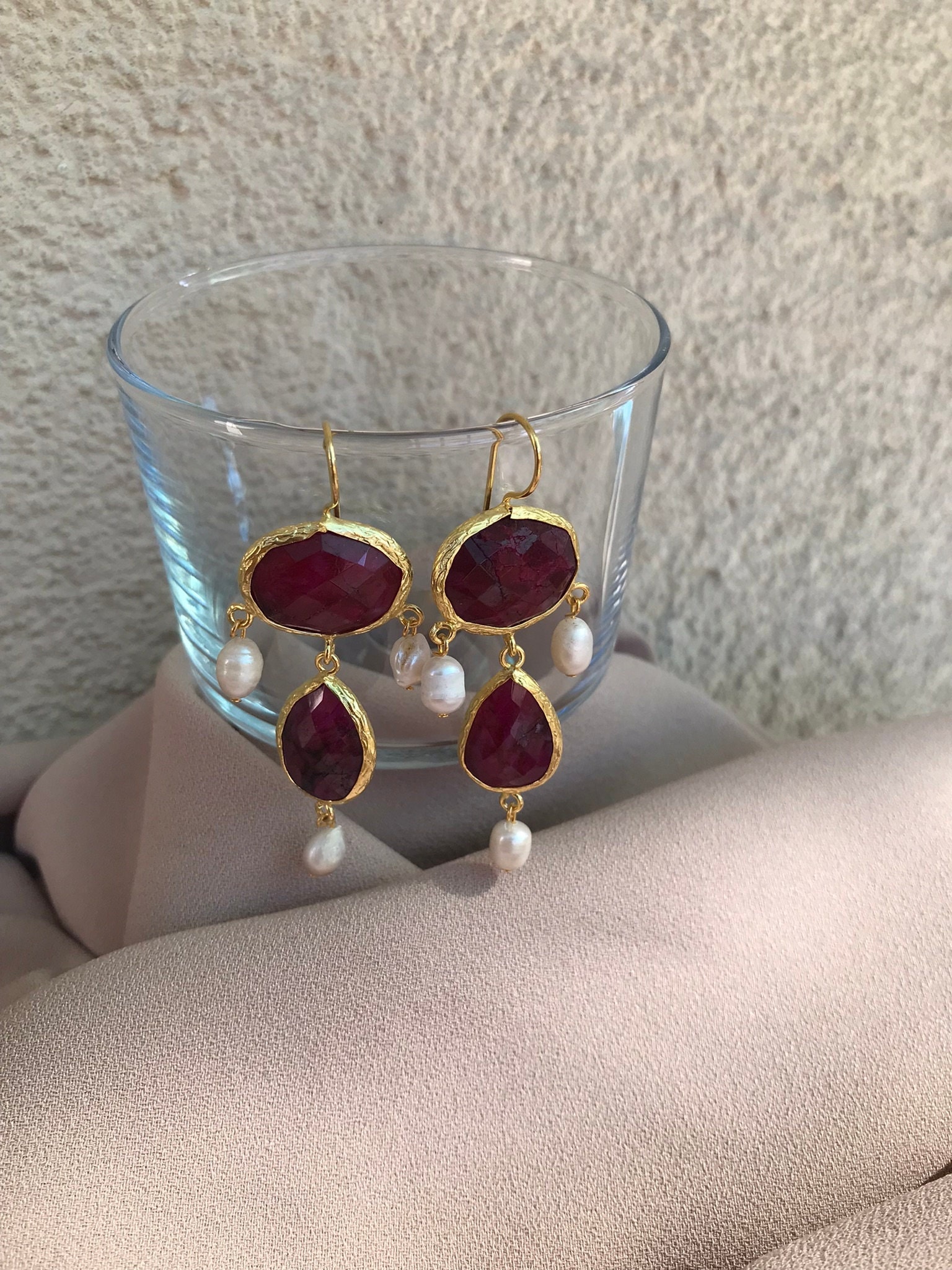 Yakut & İnci Kombin Küpe