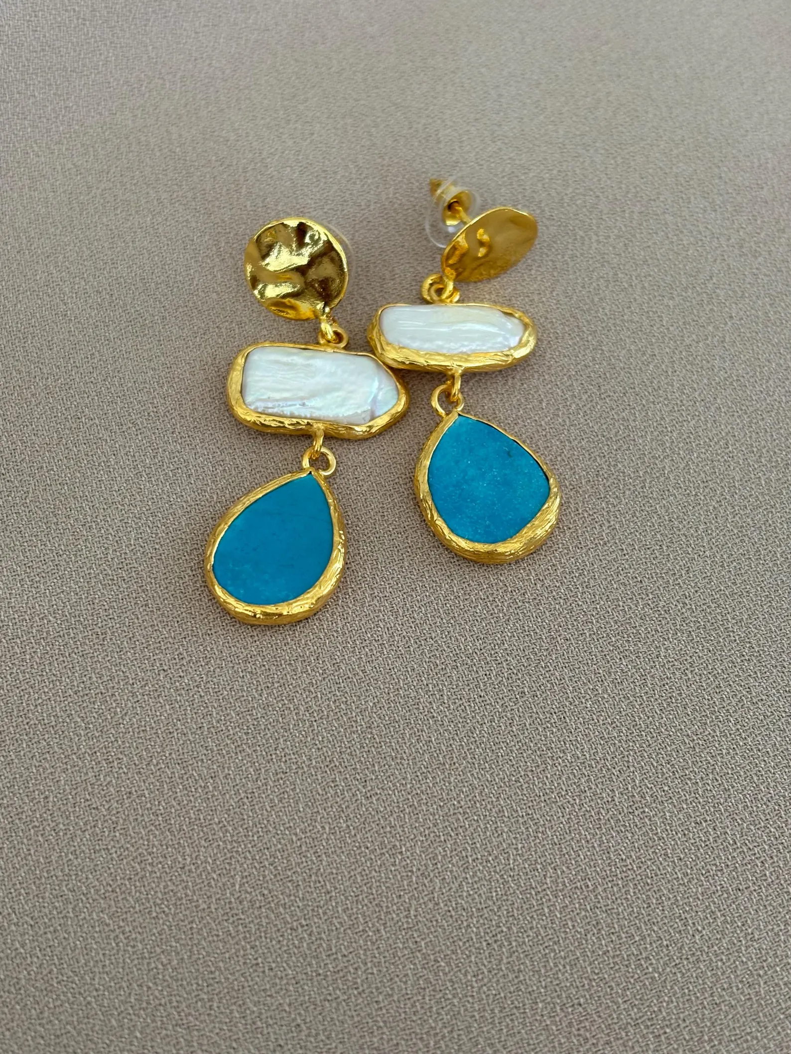 Kare İnci & Damla Turkuaz Kombin Küpe