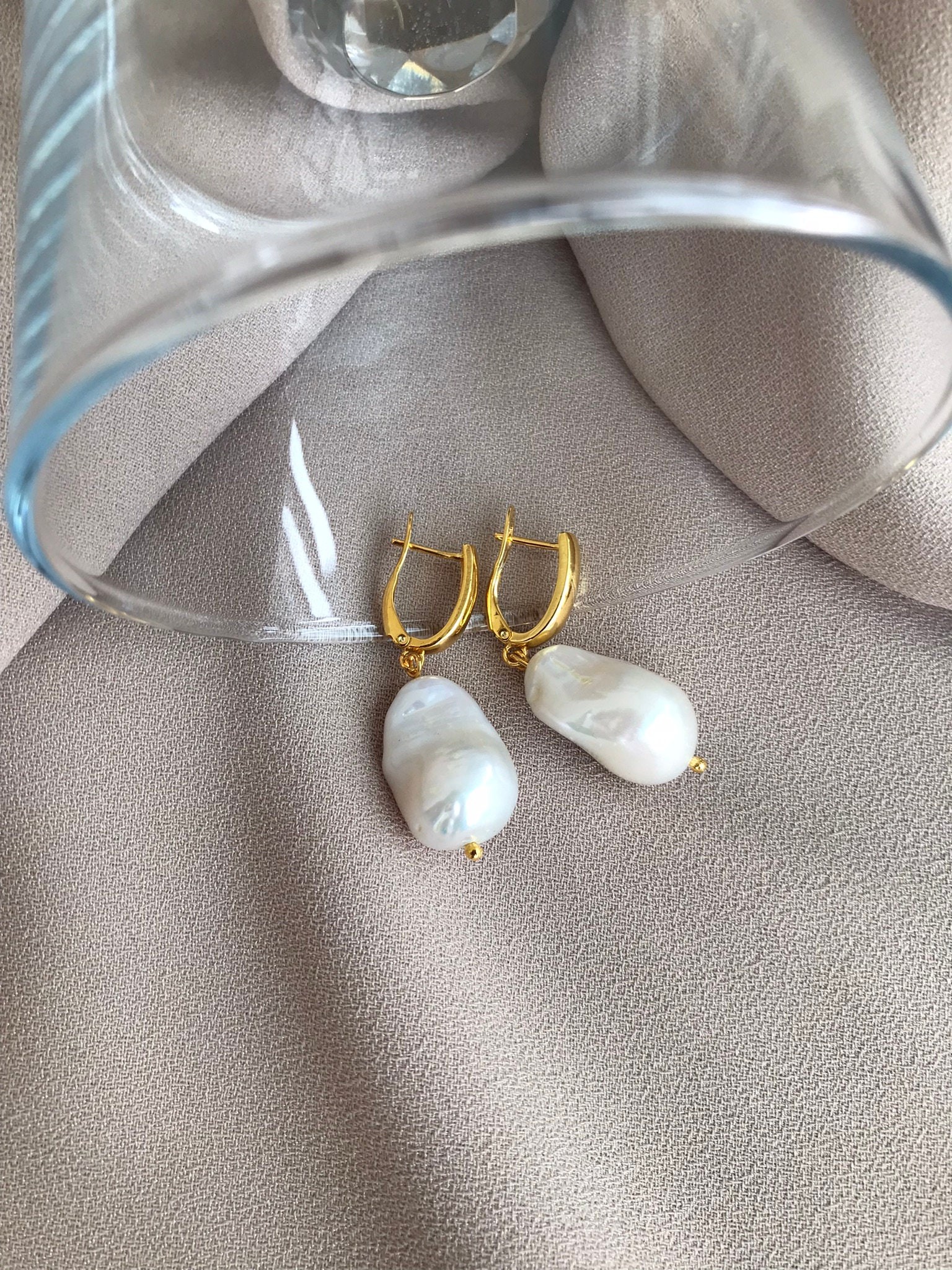 NEW! Big Fireball Pearl Gold Earrings,Large Natural Baroque Pearl Earrings