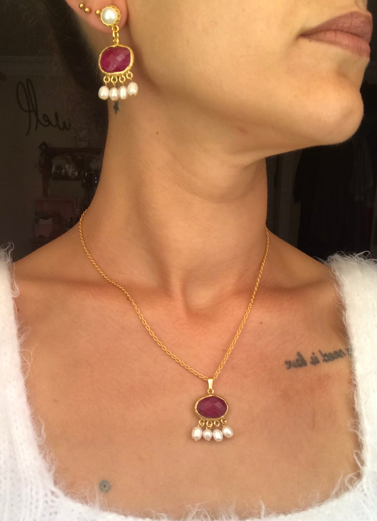 Yakut & İnci Kombin Küpe