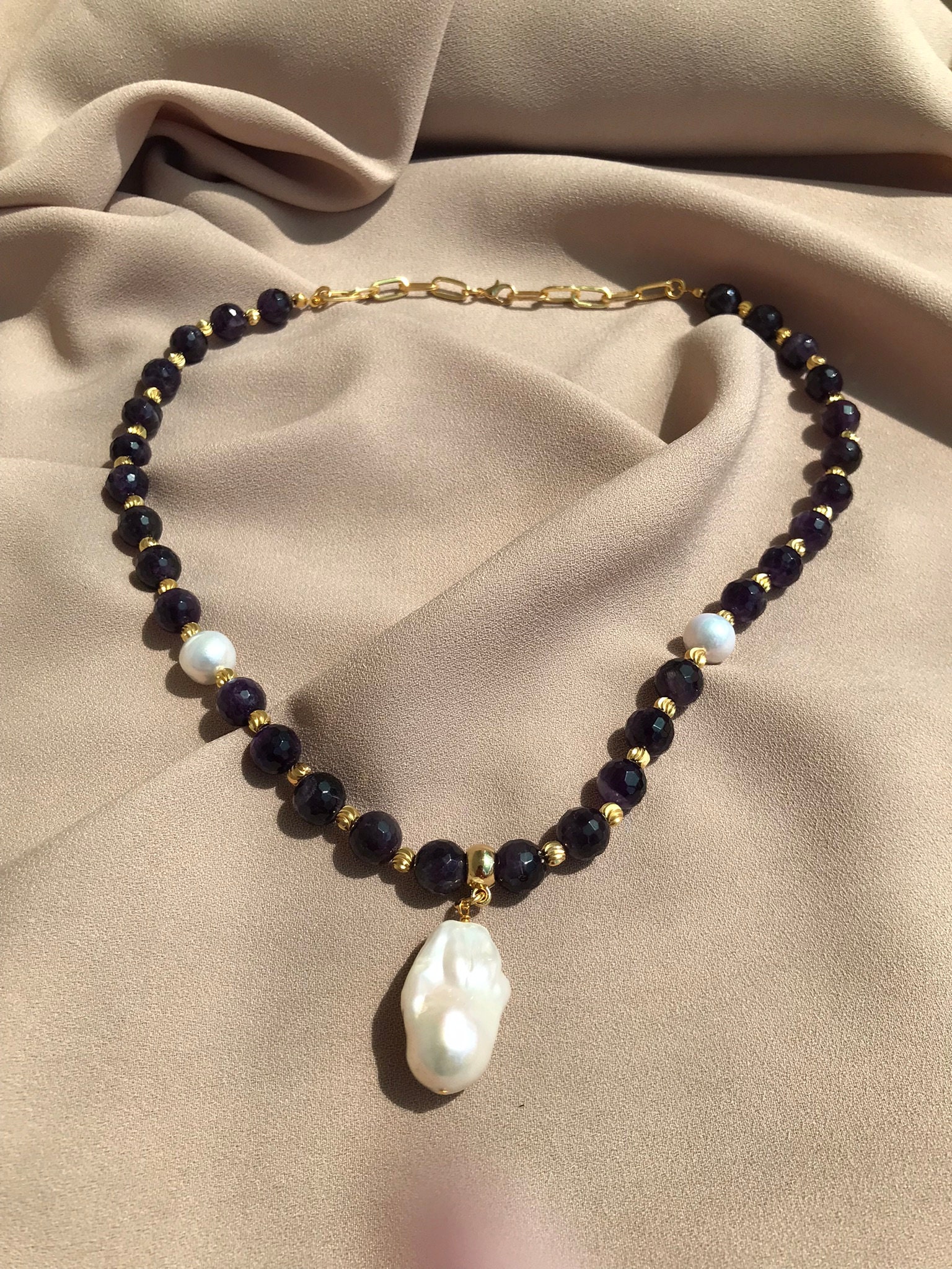 Ametist & İnci Kombin Kolye