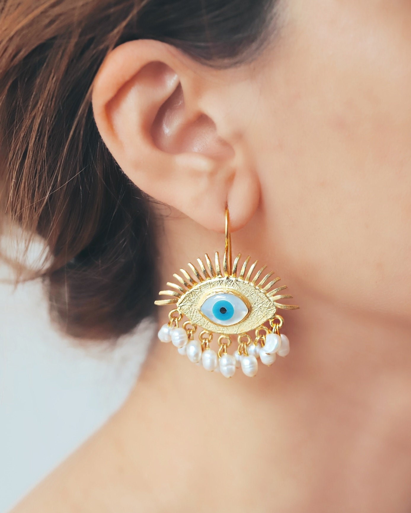 Evil Eye Protection Earrings, Freshwater Pearl Dangle Earrings