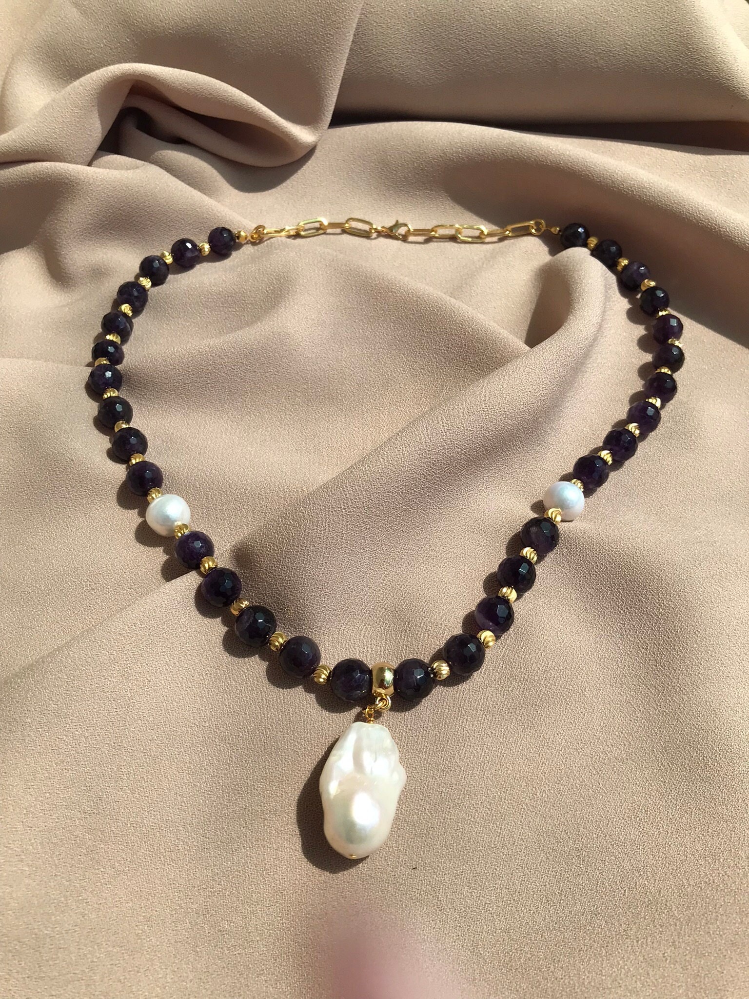 Ametist & İnci Kombin Kolye