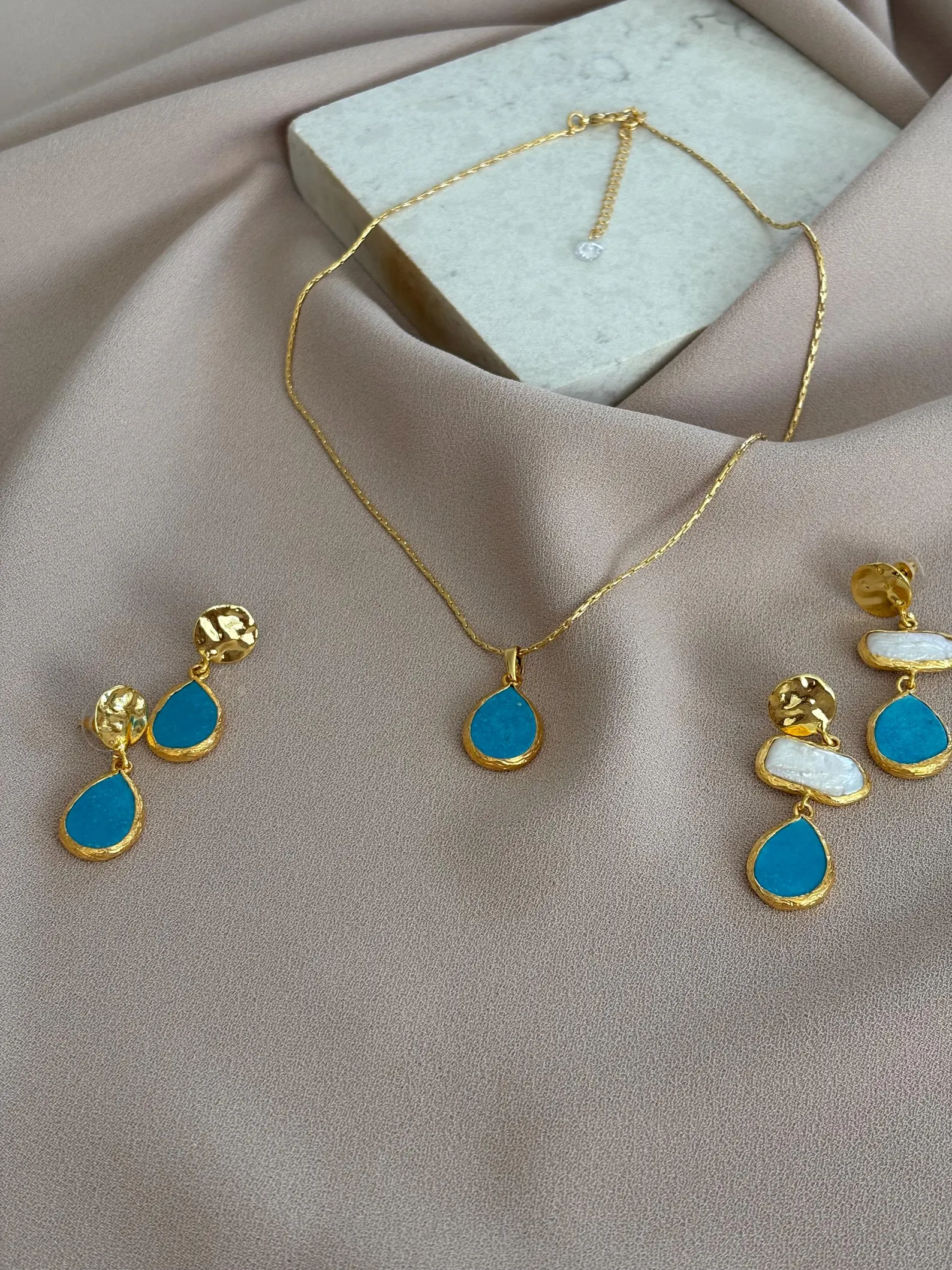 Kare İnci & Damla Turkuaz Kombin Küpe