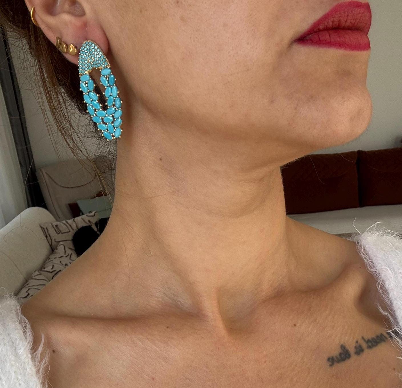 YENİ ! Turkuaz Zirkon Taşlı Oval Küpe, Özel Tasarım El Yapımı Bronz Küpe