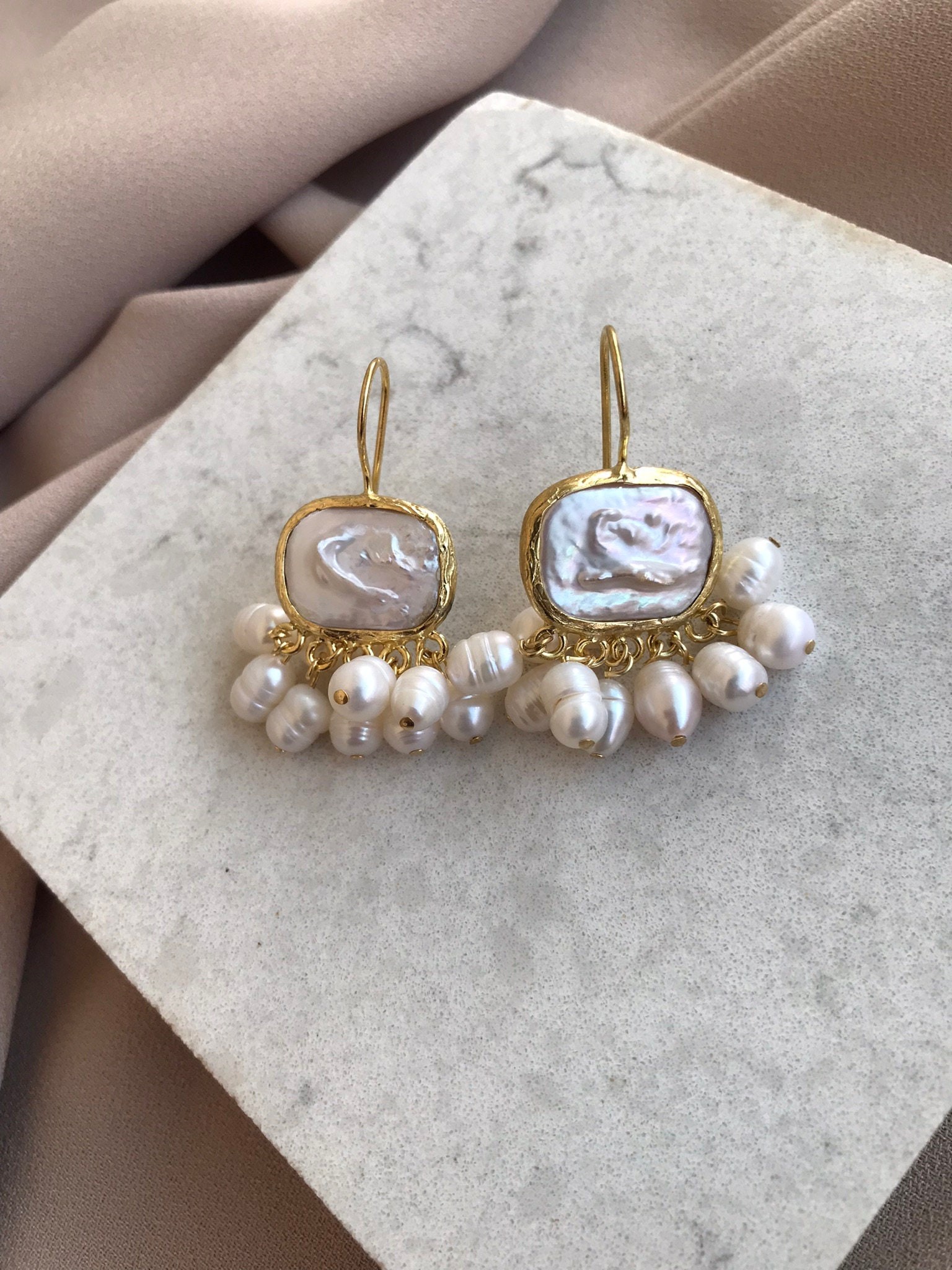 NEW ! Unique Square Pearl Dangle Earrings, Natural Pearl Design Earrings
