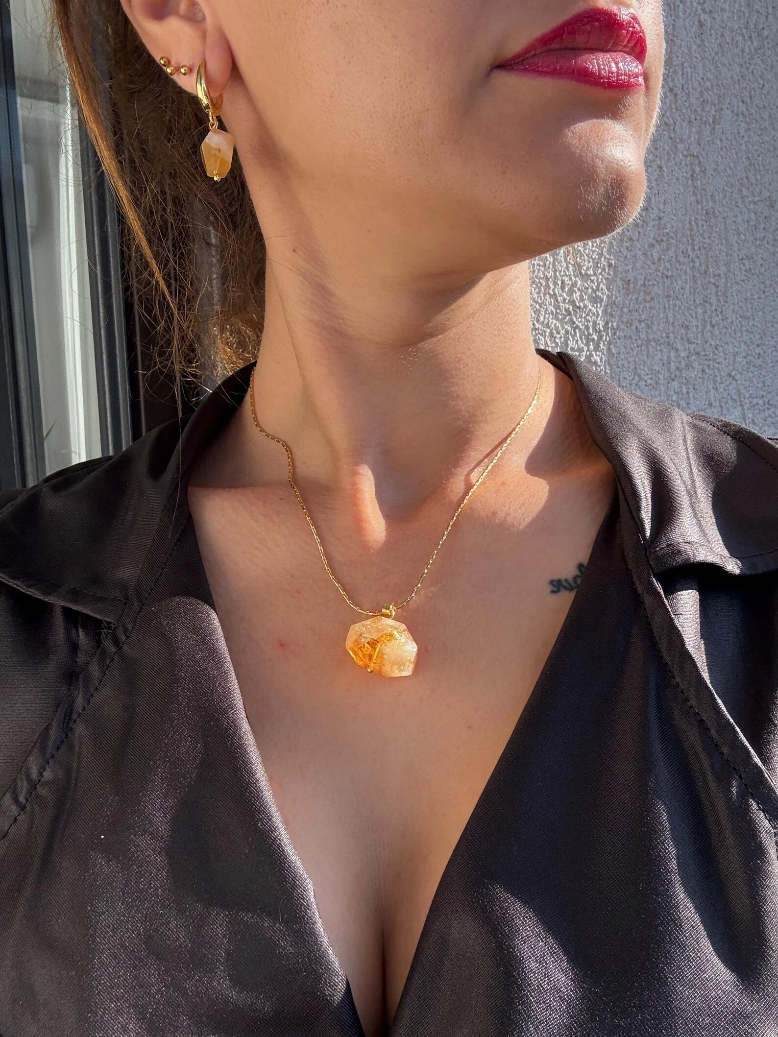 Elmas Kesim Doğal Sitrin Taş Küpeler