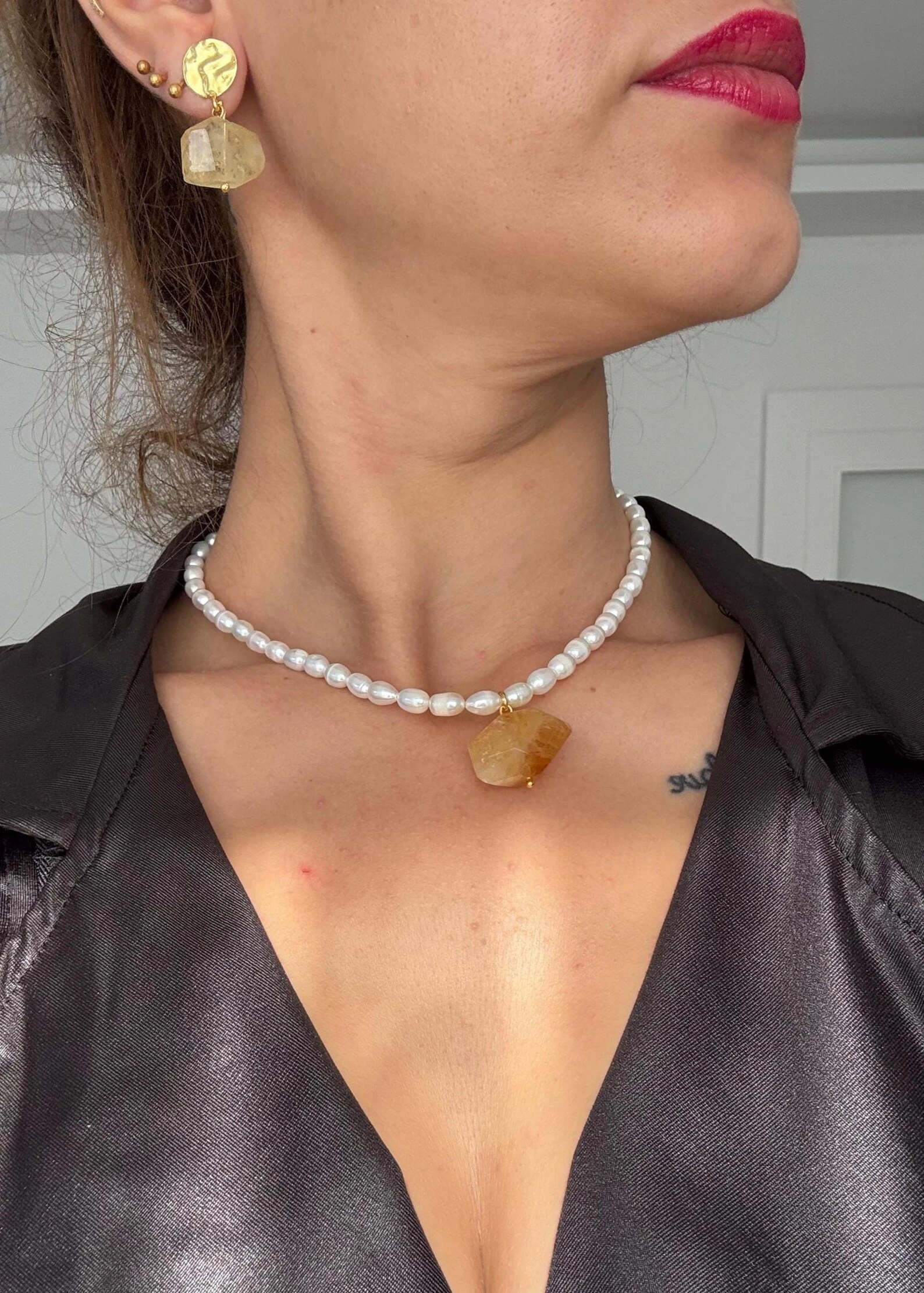 Elmas Kesim Doğal Sitrin Taş Küpeler