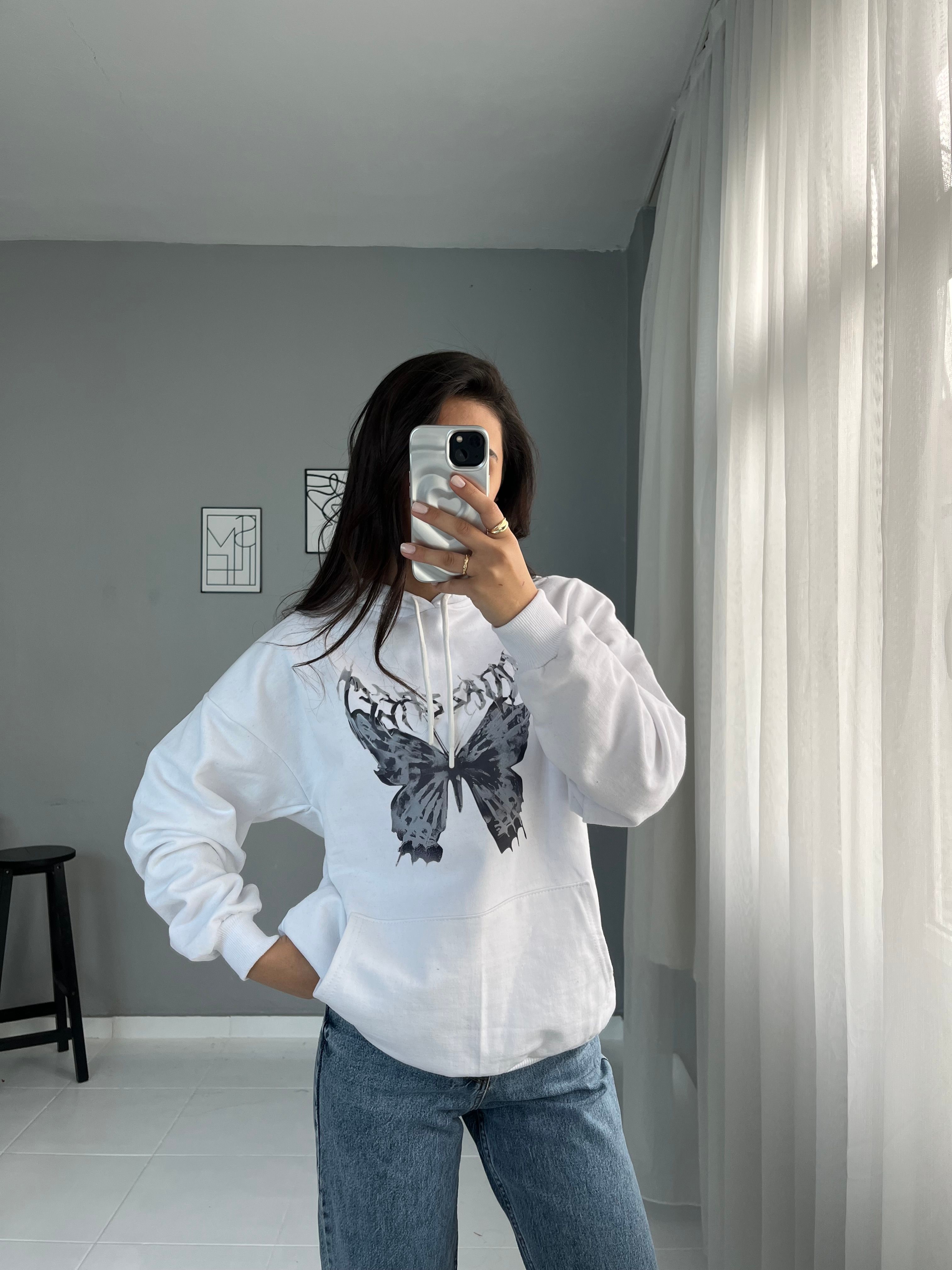 Harajuku Kelebek Beyaz Hoodie 