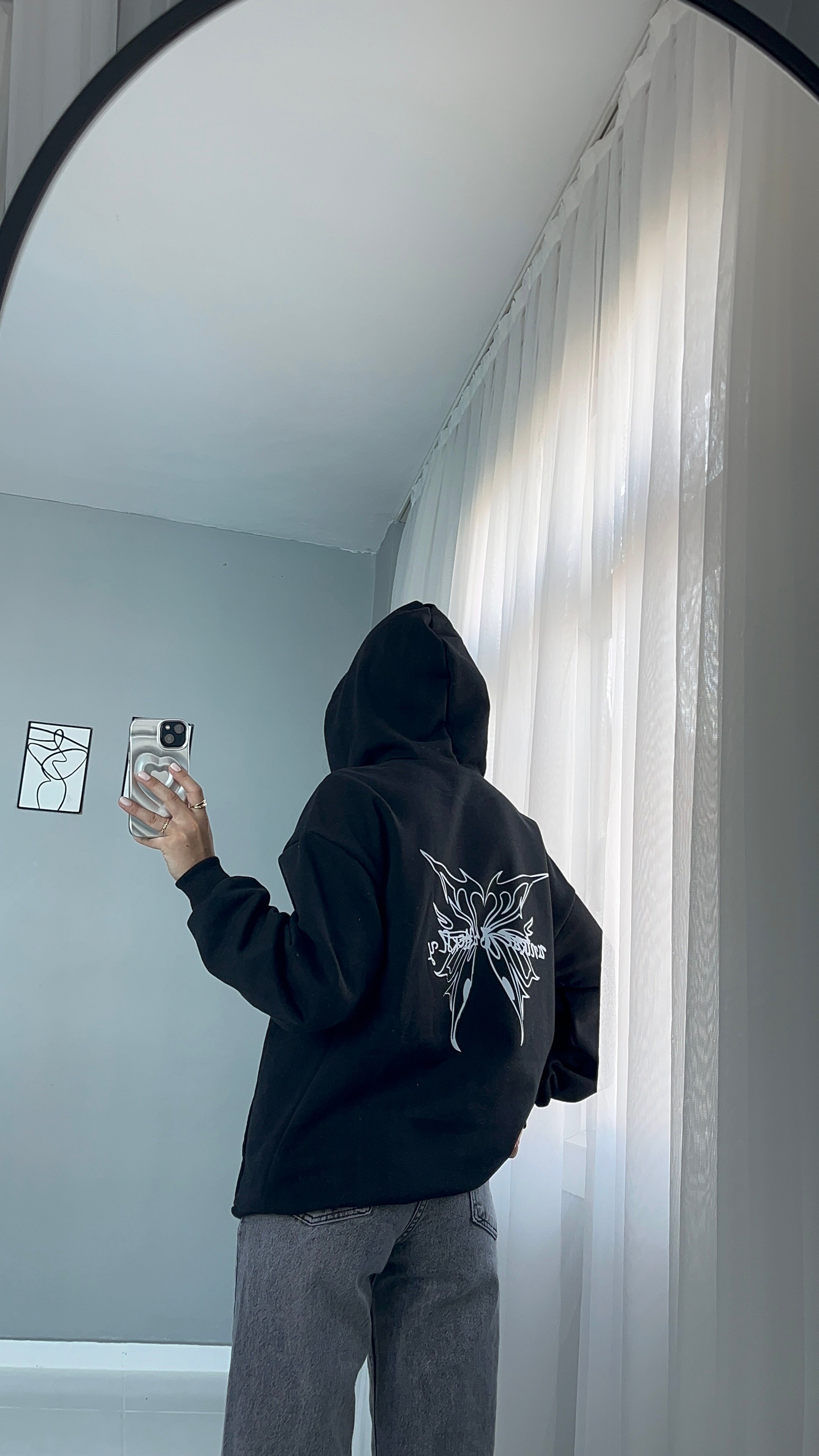 Y2K Siyah Kelebek Hoodie 