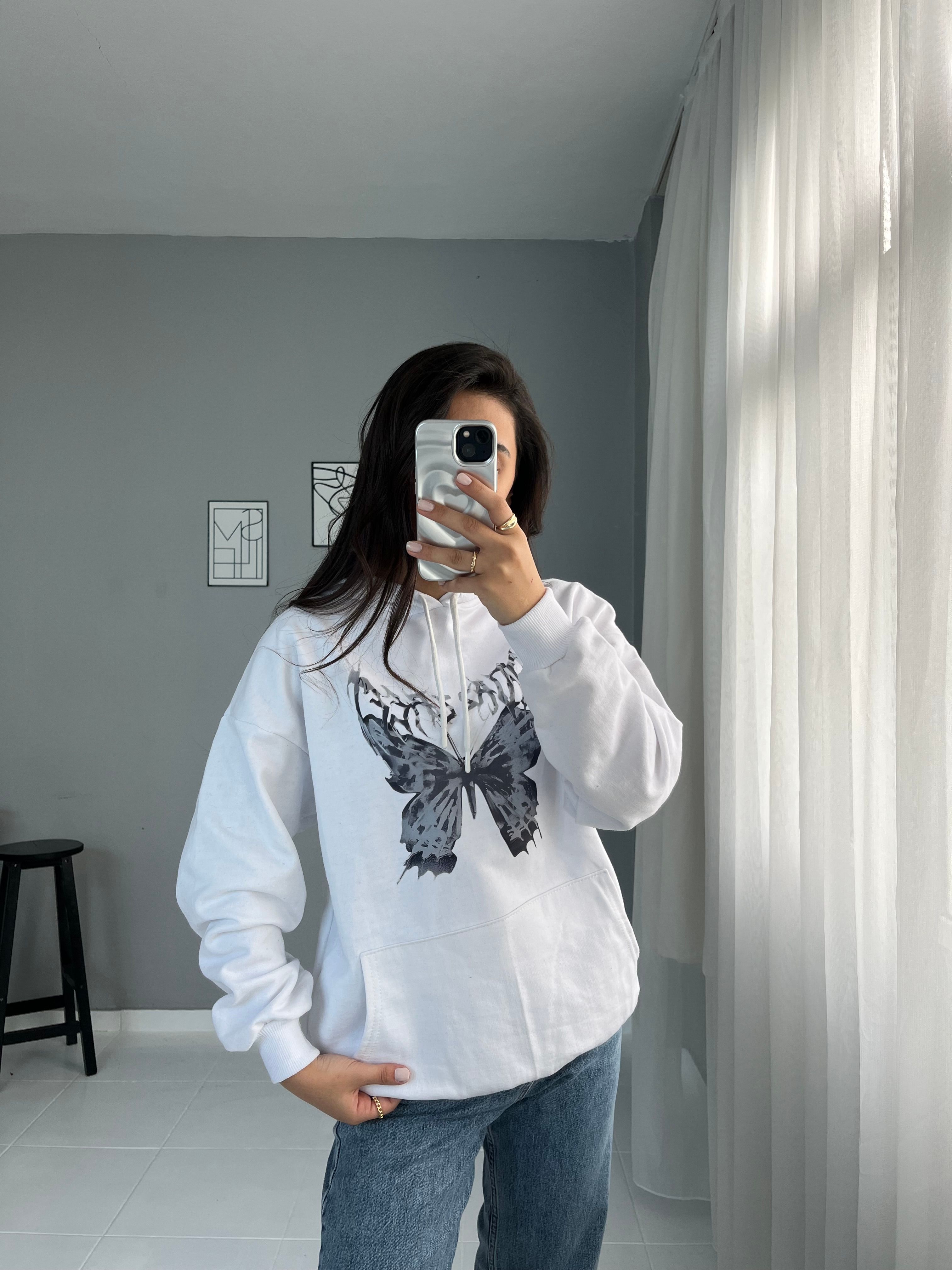 Harajuku Kelebek Beyaz Hoodie 