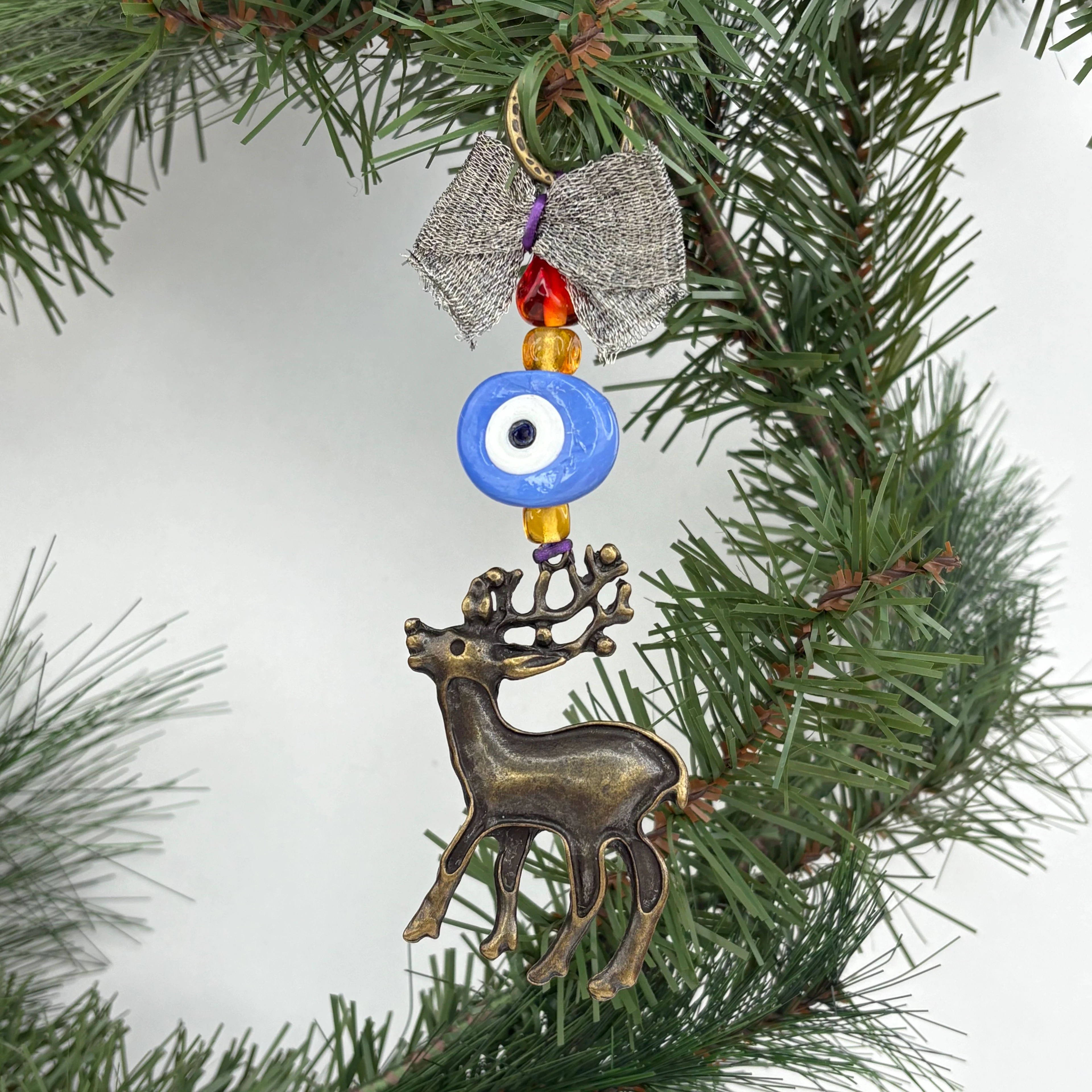 Geyik & Nazar Boncuklu Yeni Yıl Anahtarlığı - Bronz, Mavi Nazar Boncuğu