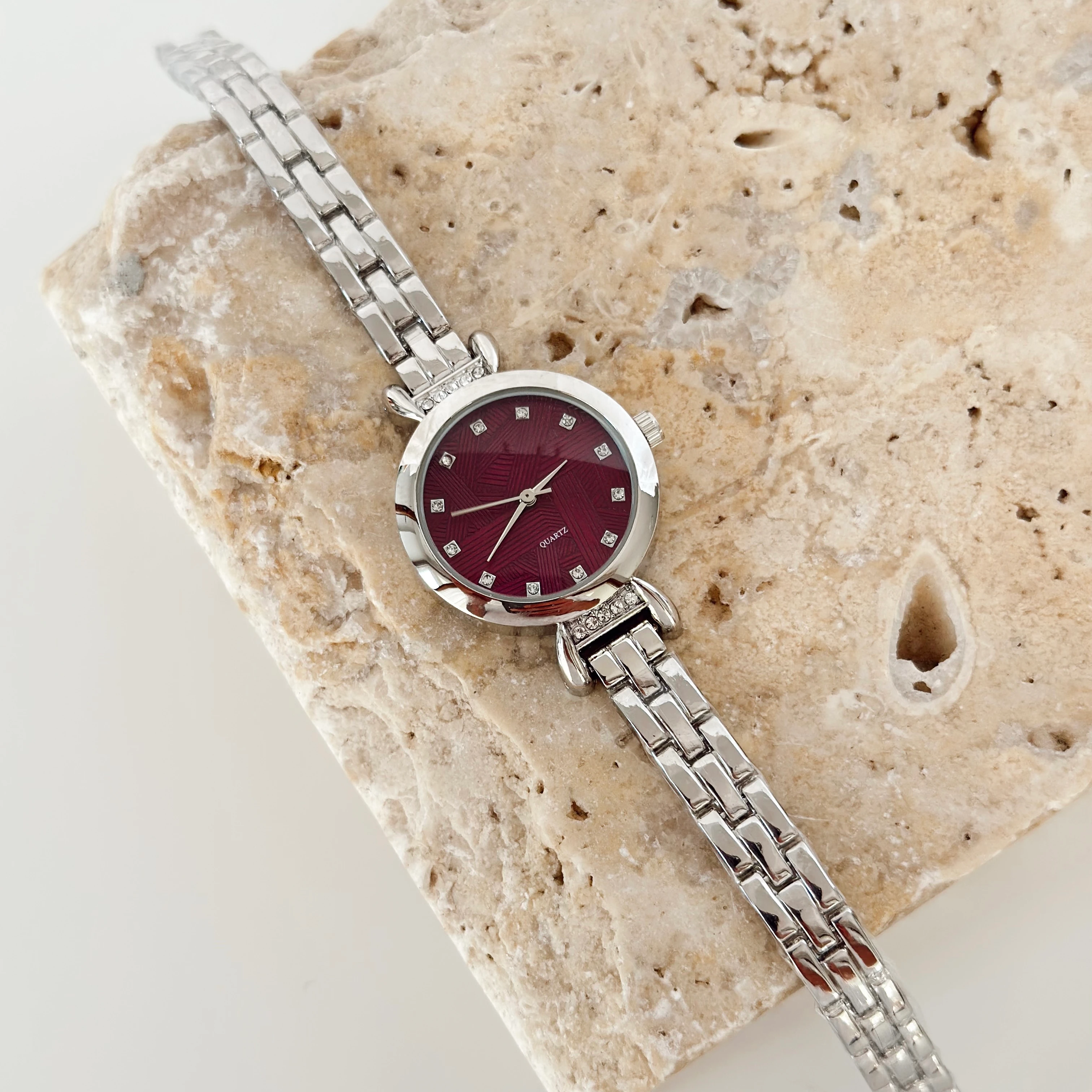 Pierre Gümüş Saat Bordo