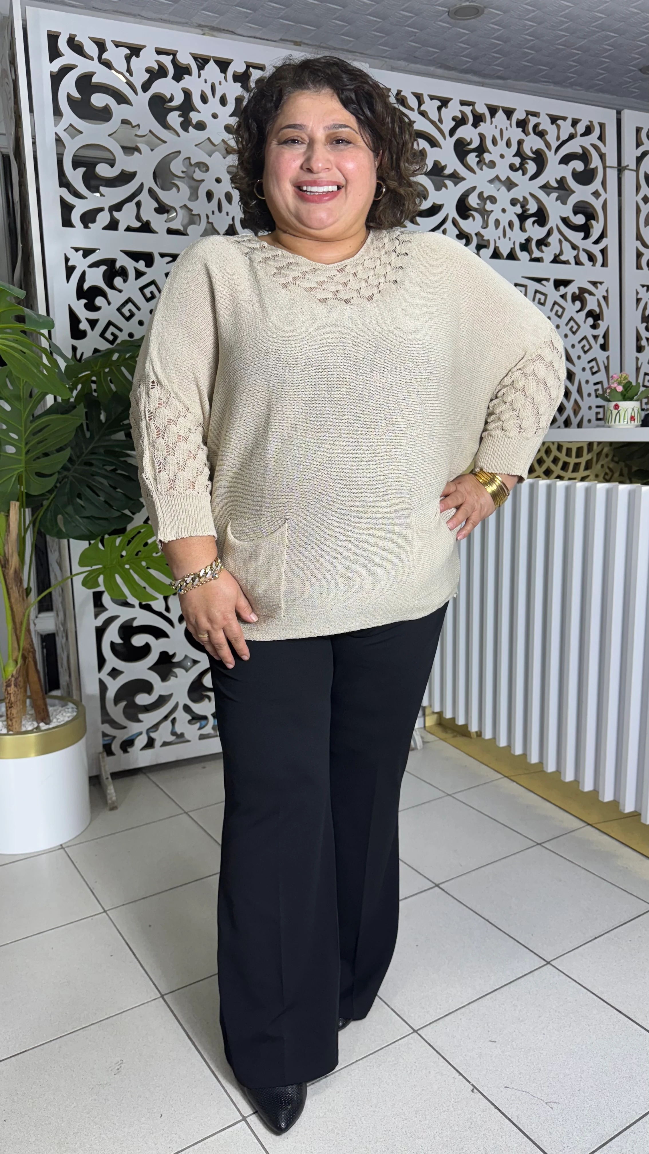 BÜYÜK BEDEN BADEM MODEL MERSERİZE TRİKO - KREM