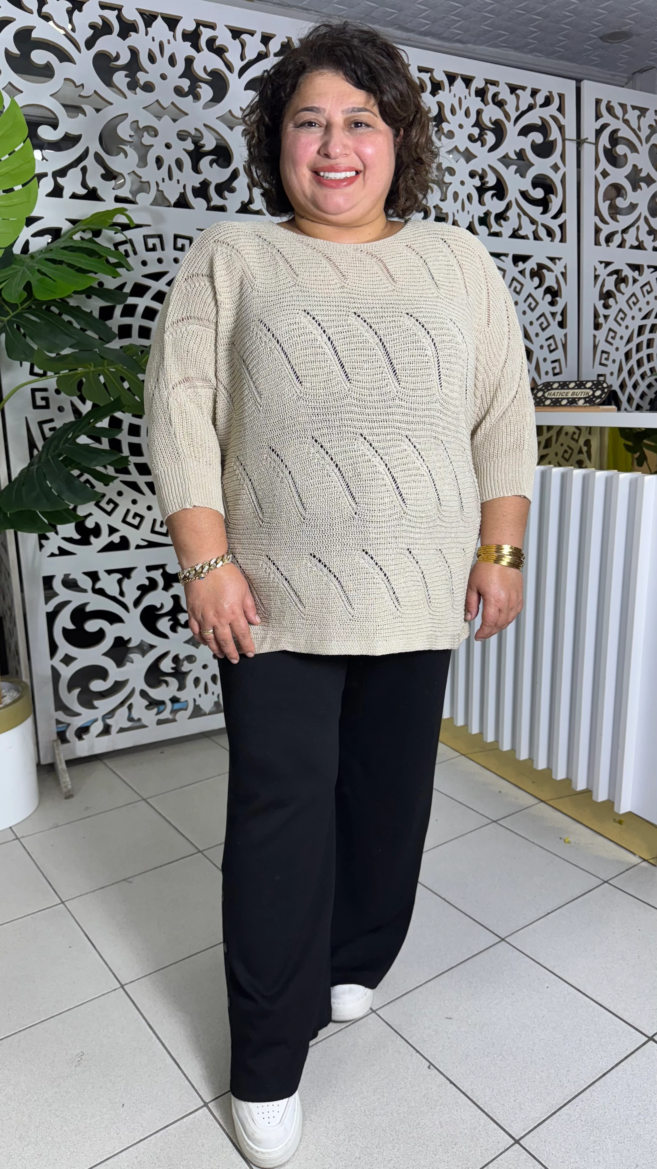 BÜYÜK BEDEN MERSERİZE DALGA DESEN TRİKO - KREM