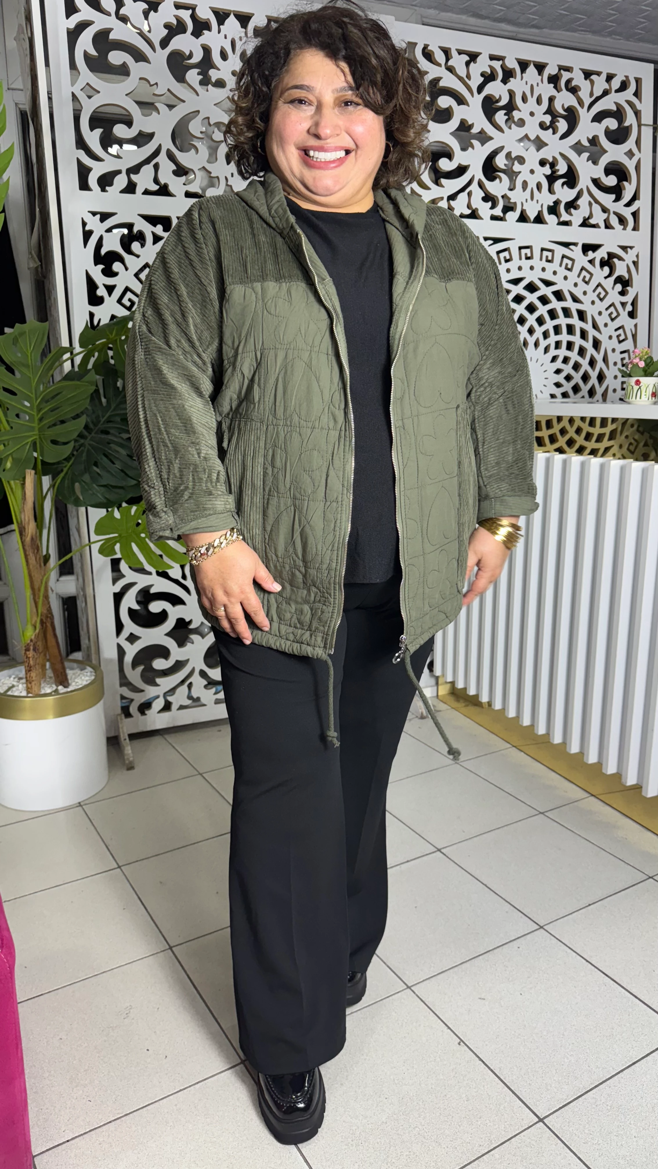 BÜYÜK BEDEN İTALYAN KADİFE DETAYLI KAPİTONE MONT - HAKİ