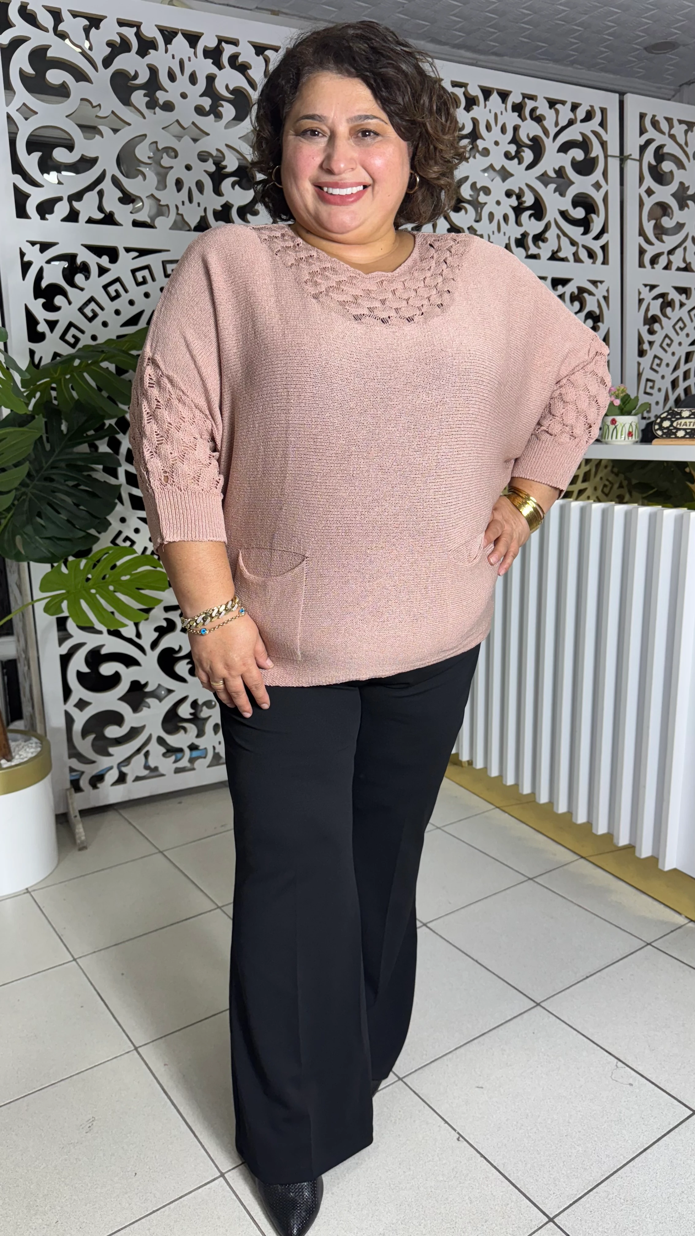 BÜYÜK BEDEN BADEM MODEL MERSERİZE TRİKO - PUDRA PEMBE