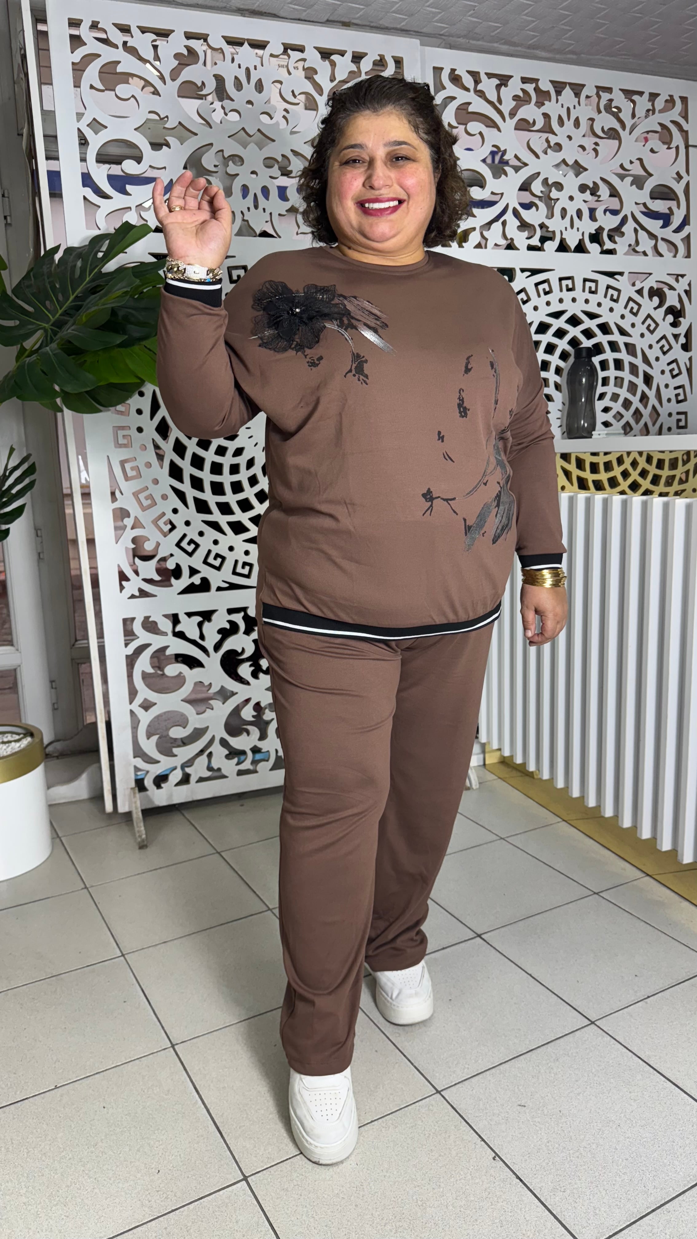 BÜYÜK BEDEN OYSHO KUMAŞ EŞOFMAN TAKIMI - KAHVERENGİ