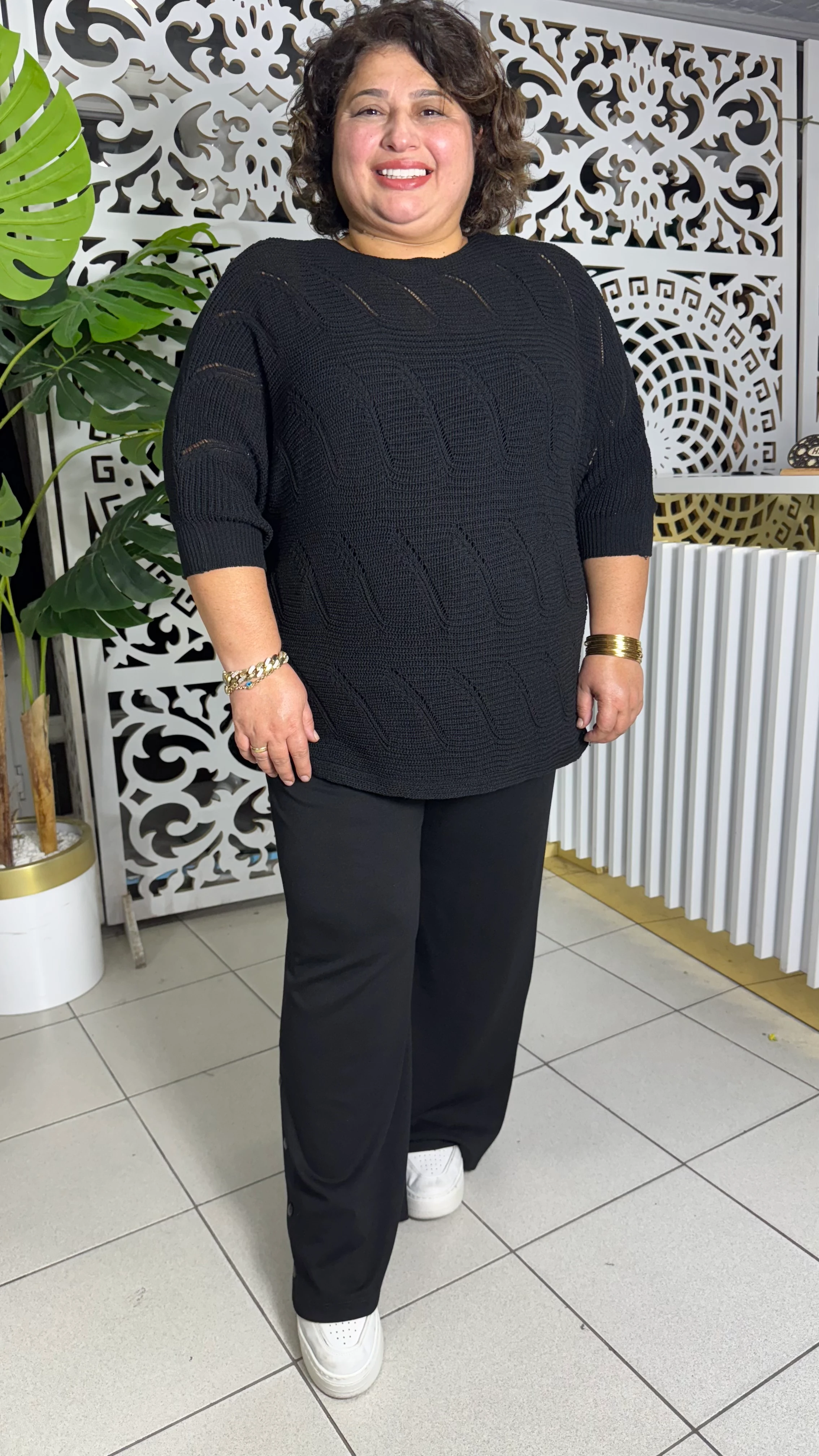 BÜYÜK BEDEN MERSERİZE DALGA DESEN TRİKO - SİYAH