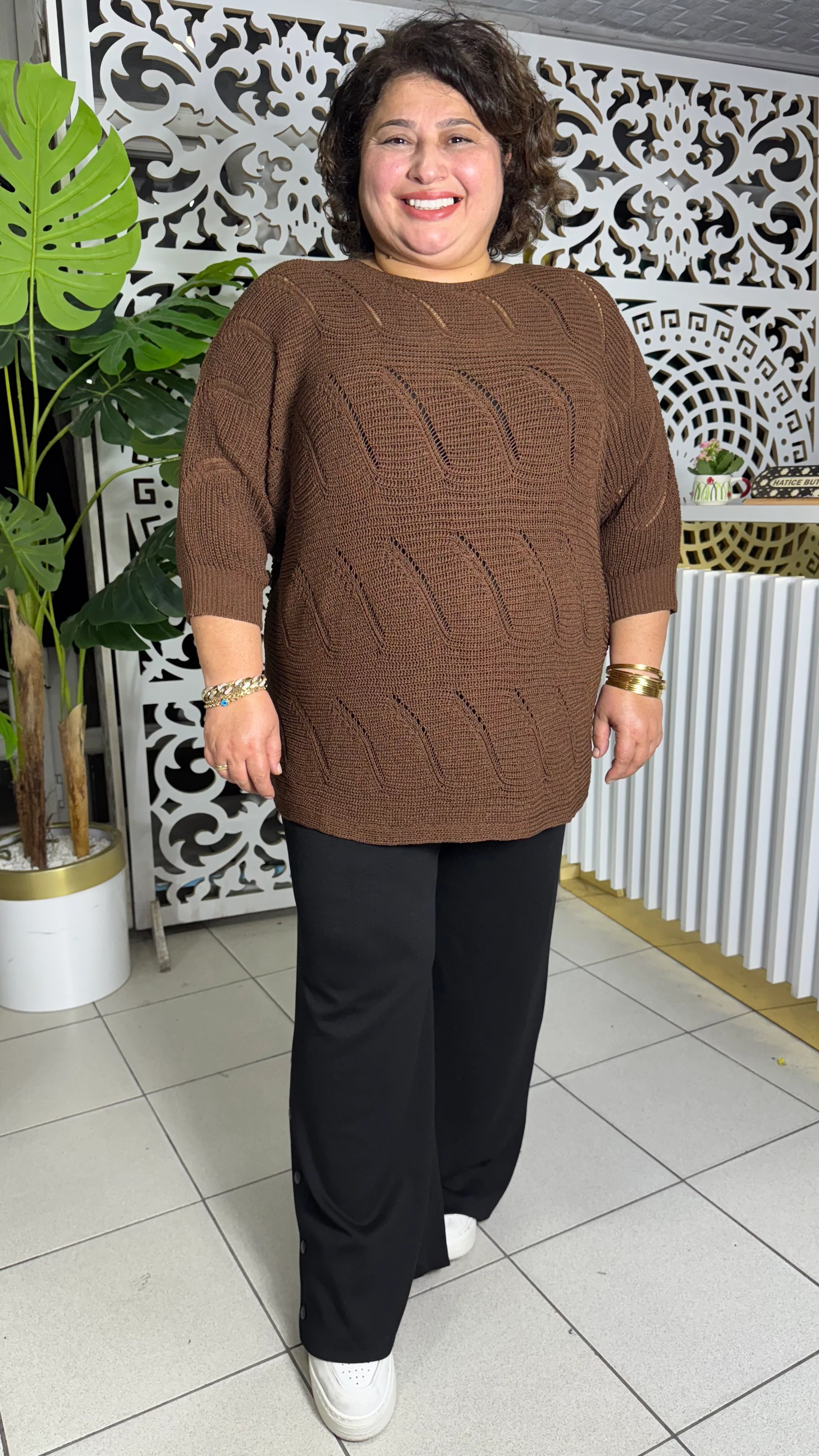 BÜYÜK BEDEN MERSERİZE DALGA DESEN TRİKO - KAHVERENGİ