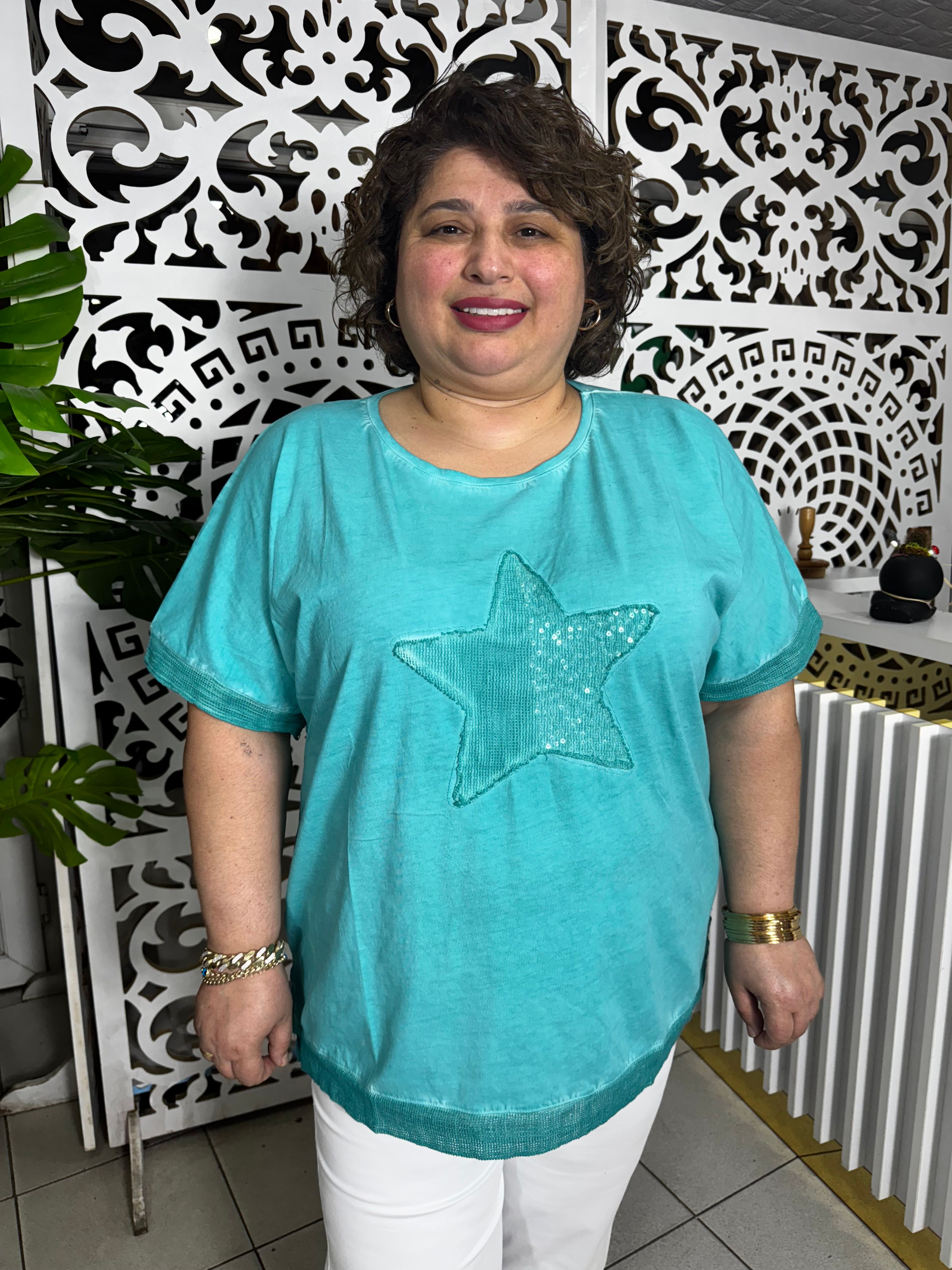 BÜYÜK BEDEN PAMUK YIKAMA YILDIZ VE FİLE DETAYLI T SHRT - BEBE MAVİ