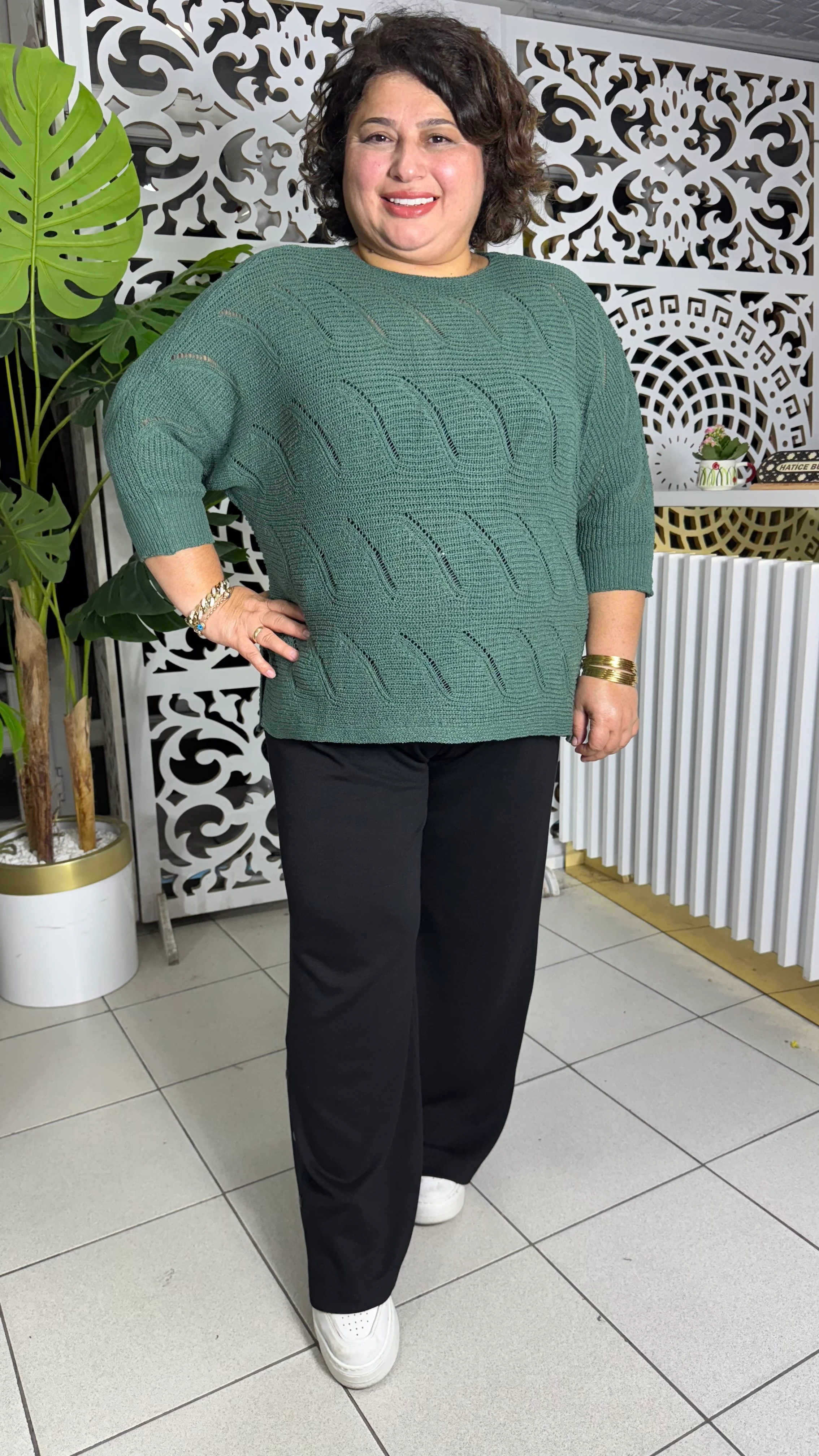 BÜYÜK BEDEN MERSERİZE DALGA DESEN TRİKO - YEŞİL