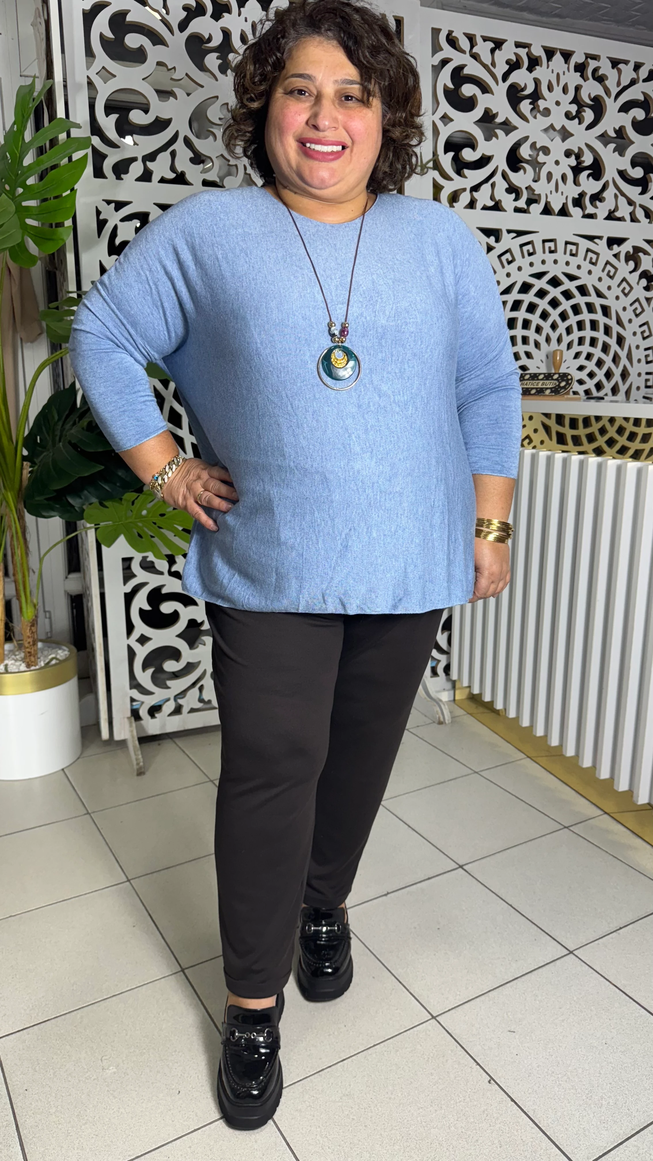 İTALYAN BÜYÜK BEDEN KOLYELİ ANGORA KAZAK - MAVİ